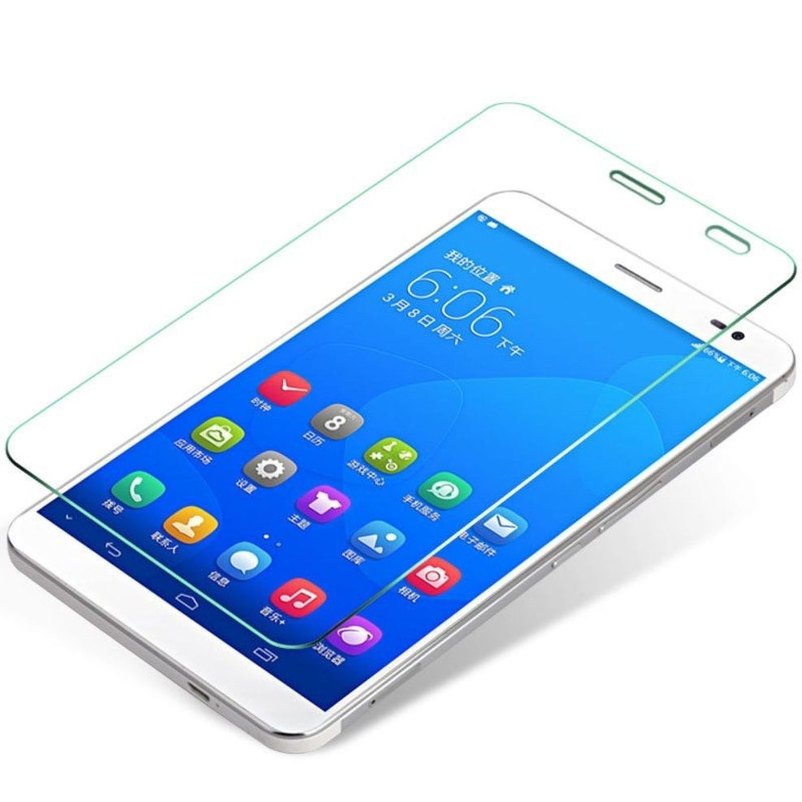 Smartphone bianco con protezione schermo. Lo schermo mostra l'ora e le icone.