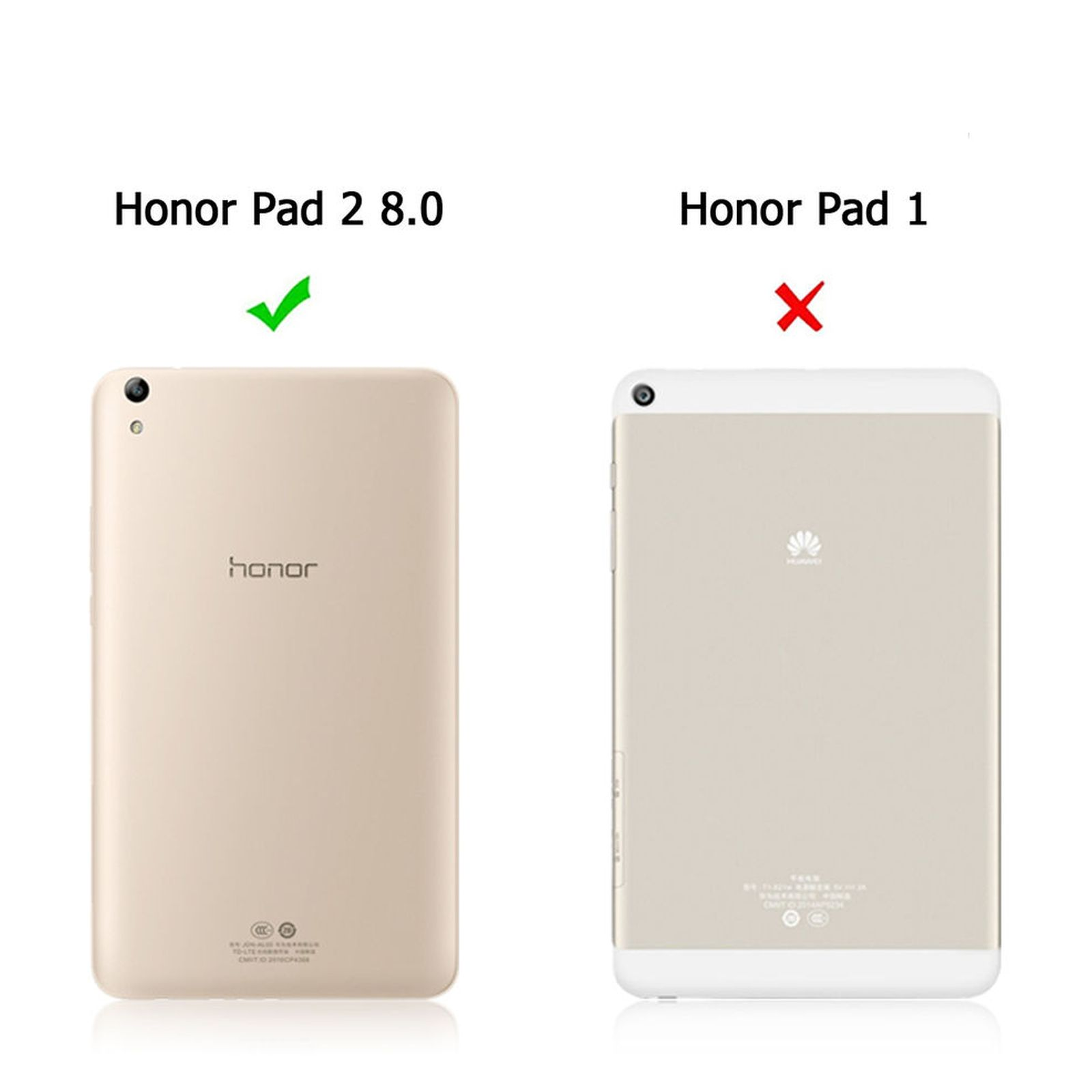 Due tablet, uno con l'etichetta Honor Pad 2 8.0 con un segno di spunta, l'altro Honor Pad 1 con una X.