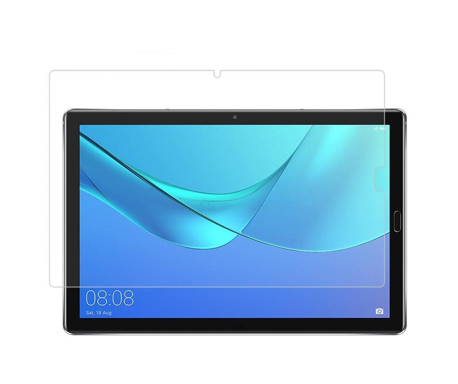 Tablet con protezione schermo. Mostra l'ora e la data.