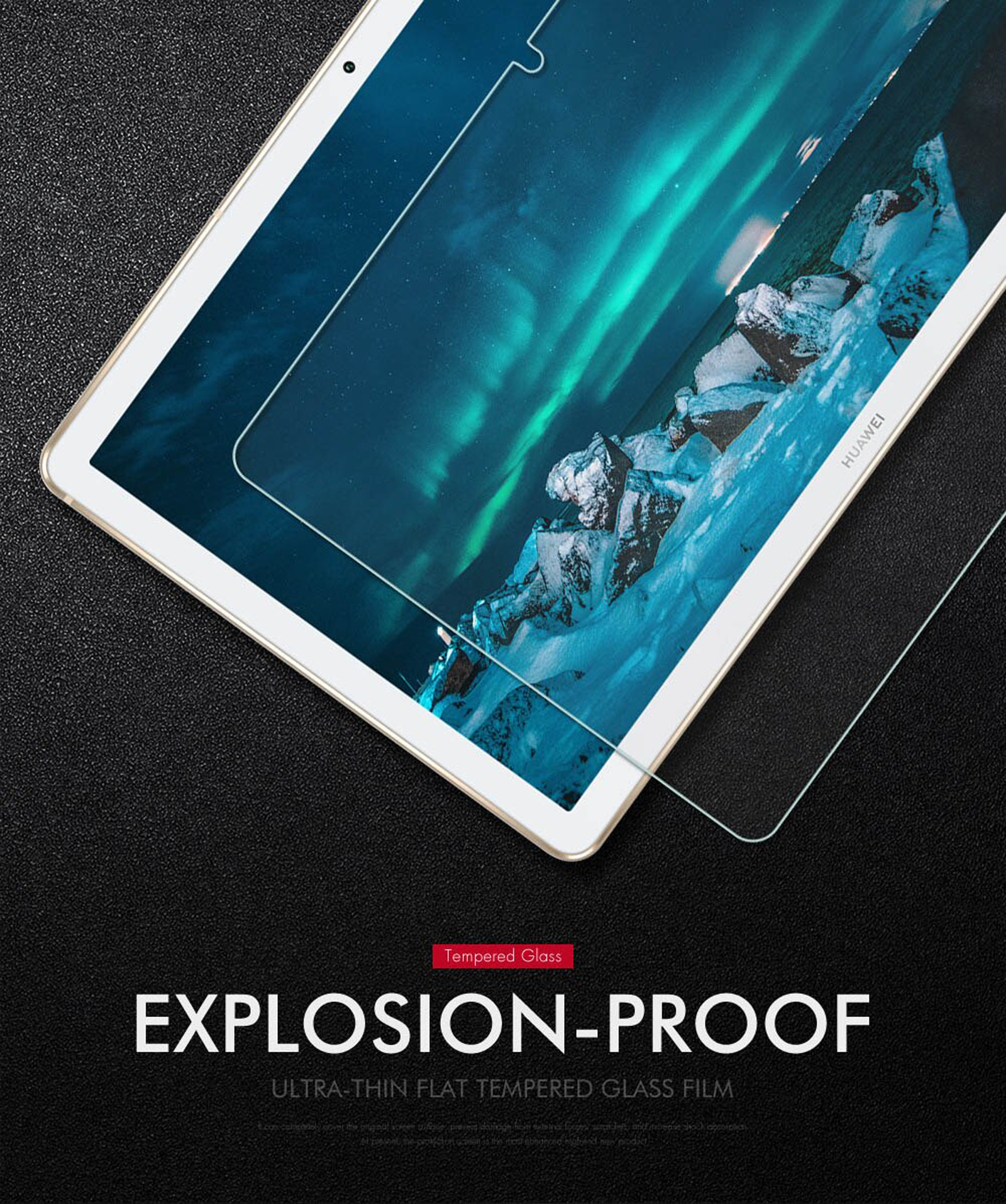Tablet con protezione schermo applicata su superficie nera.