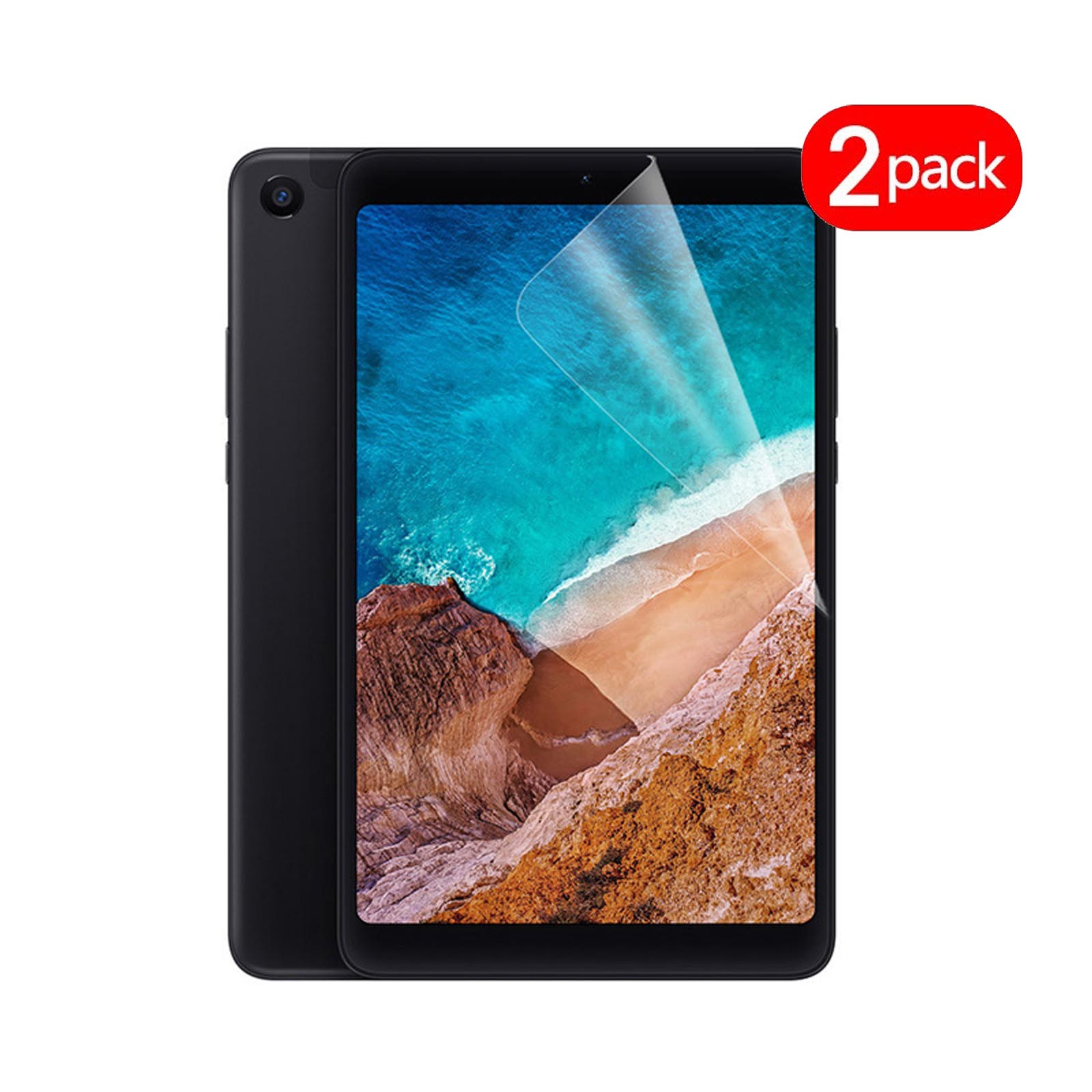 Tablet nero con protezione schermo, etichetta 2 pezzi in alto a destra.