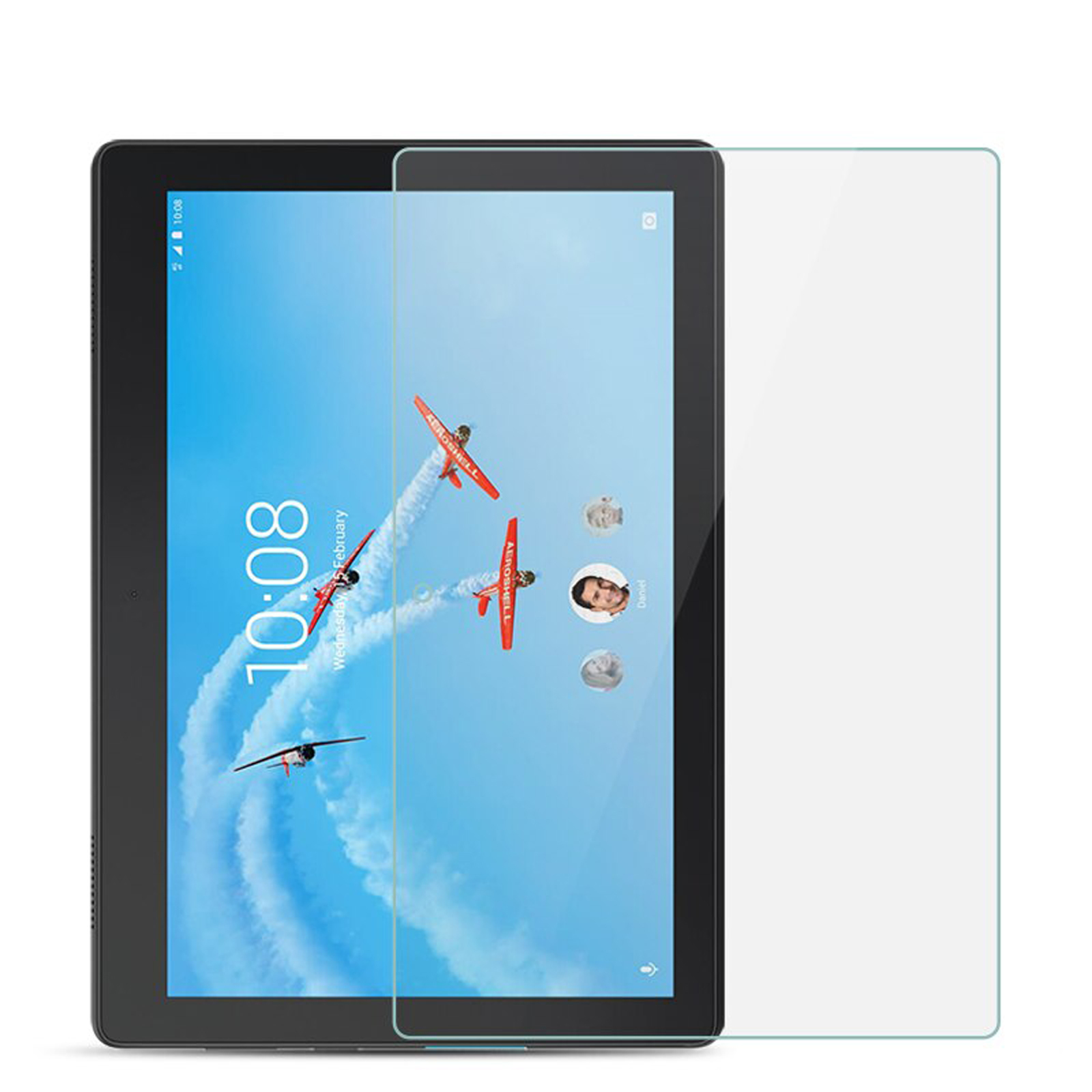 Tablet con pellicola protettiva, cielo con aerei e una persona di nome Daniel.