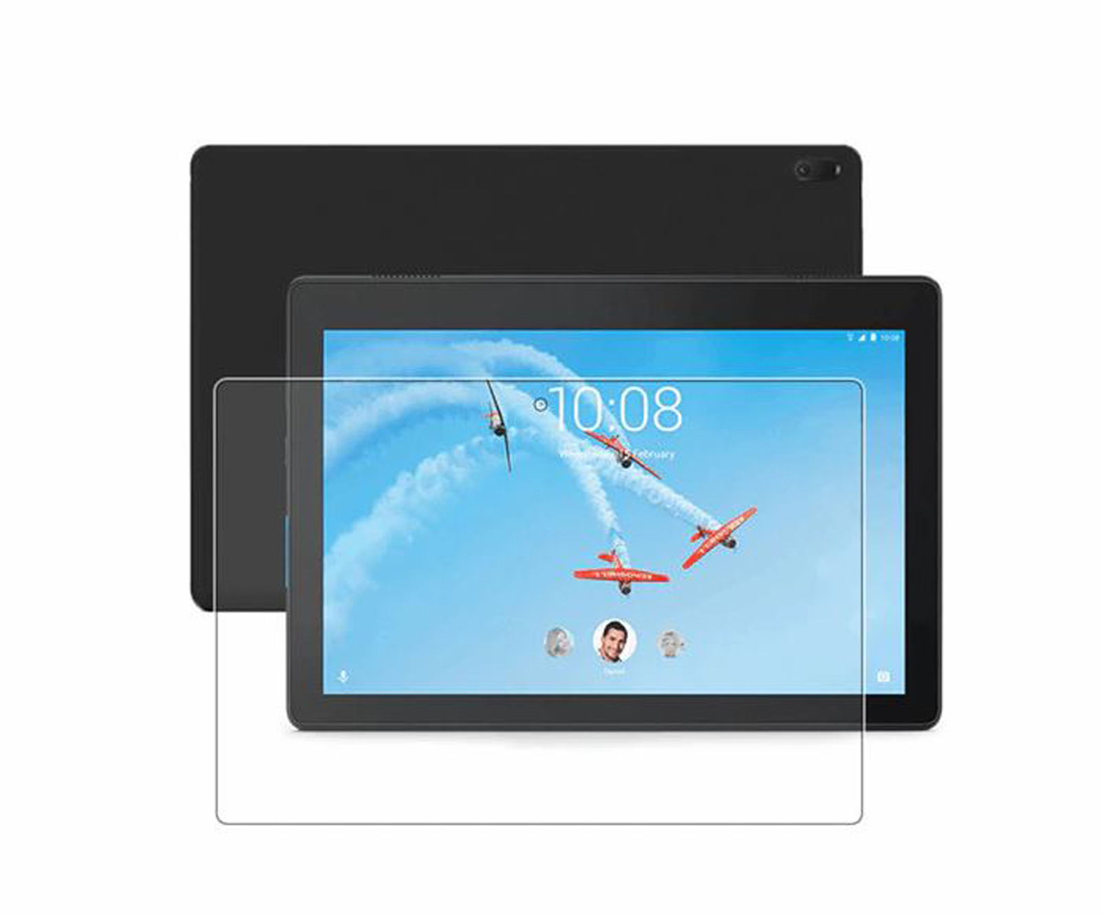 Sono mostrati due tablet, uno nero e uno dietro. Il tablet anteriore mostra una scena del cielo con aerei. C'è una protezione schermo.