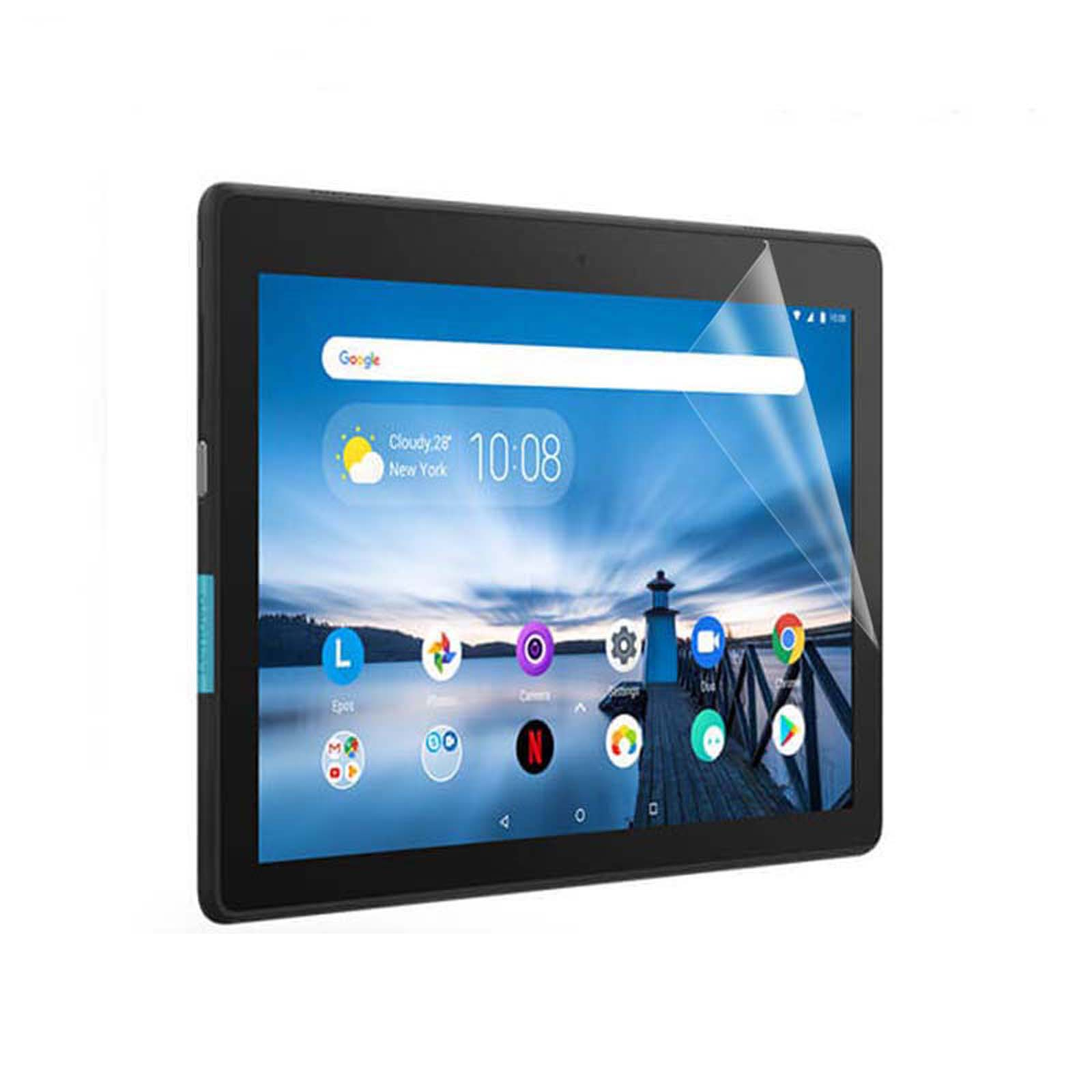 Un tablet nero con una protezione per lo schermo applicata, che mostra un'app meteo.