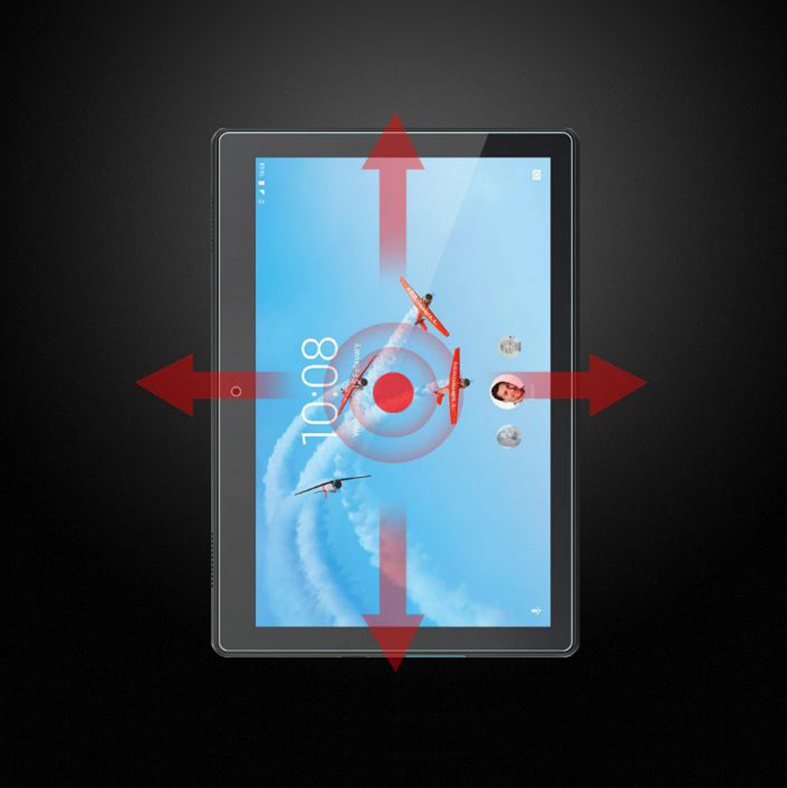 Tablet con interfaccia di gioco di paracadutismo, frecce rosse che puntano intorno.