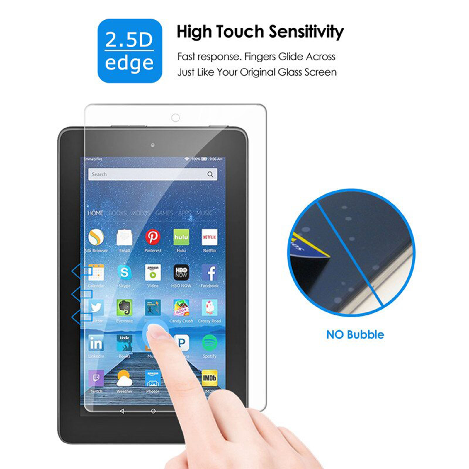 Un dito tocca lo schermo di un tablet con una protezione. Mostra l'interfaccia e le funzionalità.