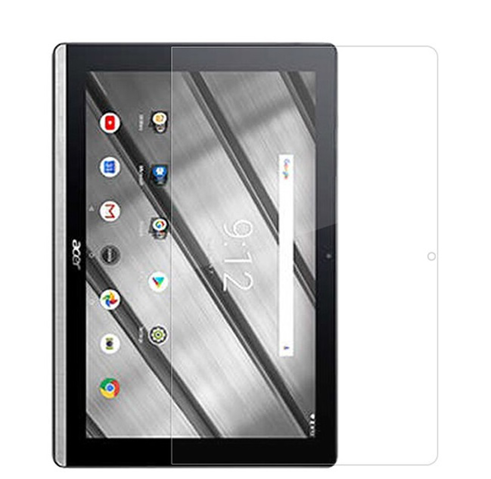 Tablet Acer nero con protezione schermo. Lo schermo mostra icone di app e una barra di ricerca.