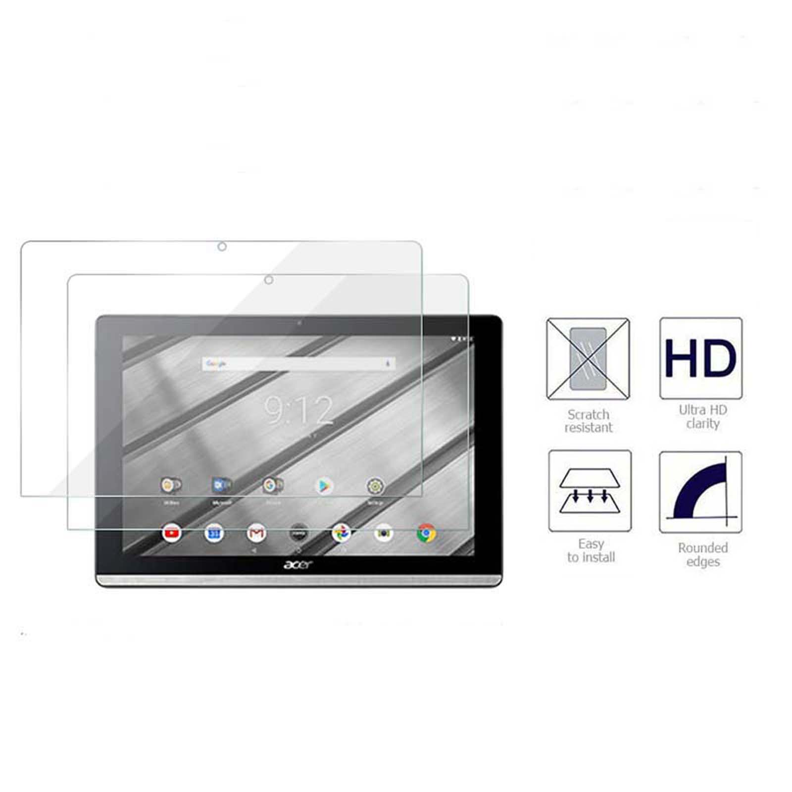 Tablet con protezione schermo. Mostra icone e testo. Sfondo bianco.