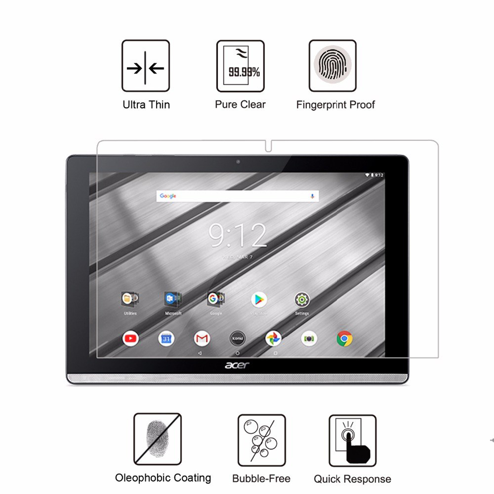 Tablet con protezione schermo. Caratteristiche: ultra sottile, puro trasparente, a prova di impronte digitali, oleofobico, senza bolle, risposta rapida.