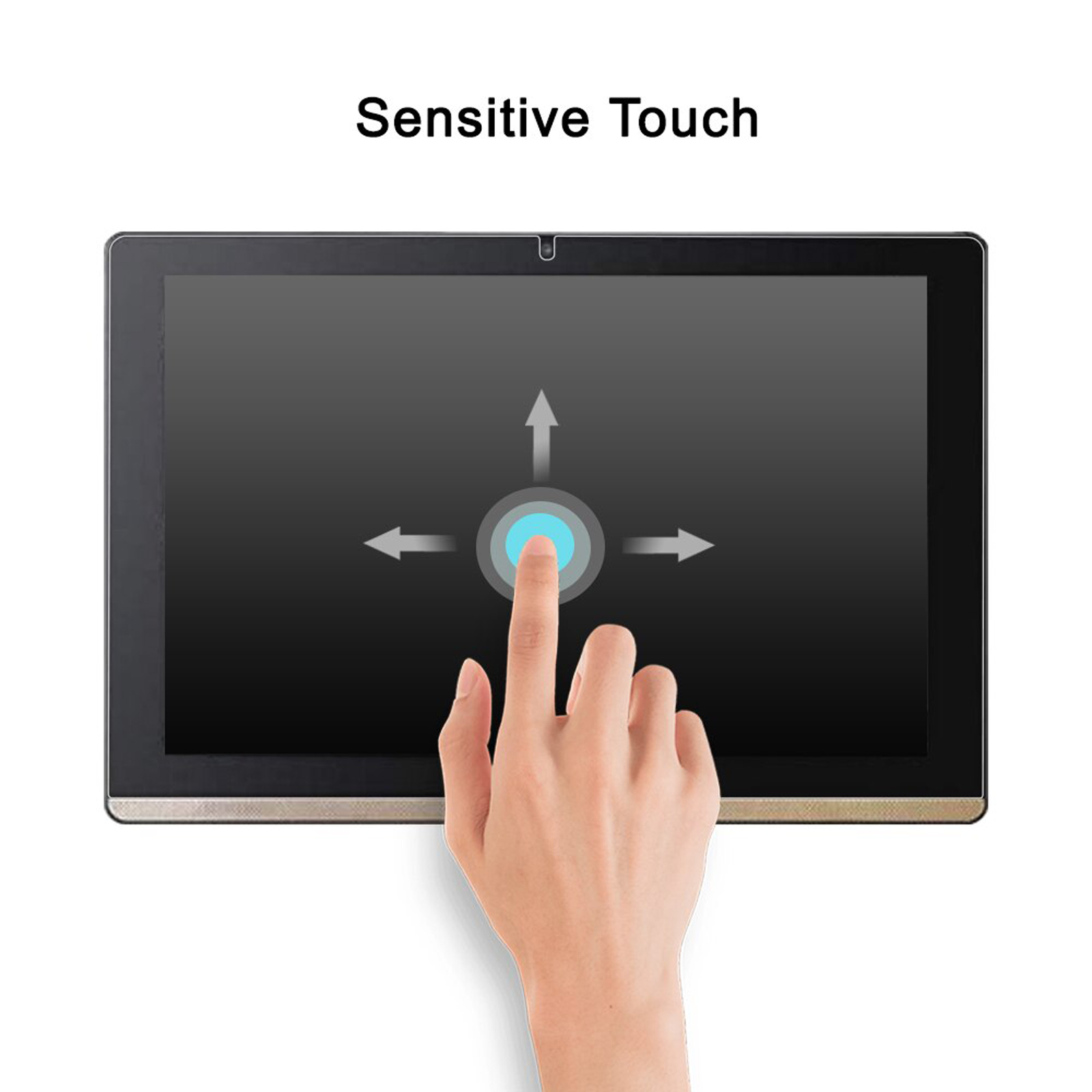 Una mano tocca lo schermo di un tablet con un cerchio blu, con frecce che indicano le direzioni del tocco.