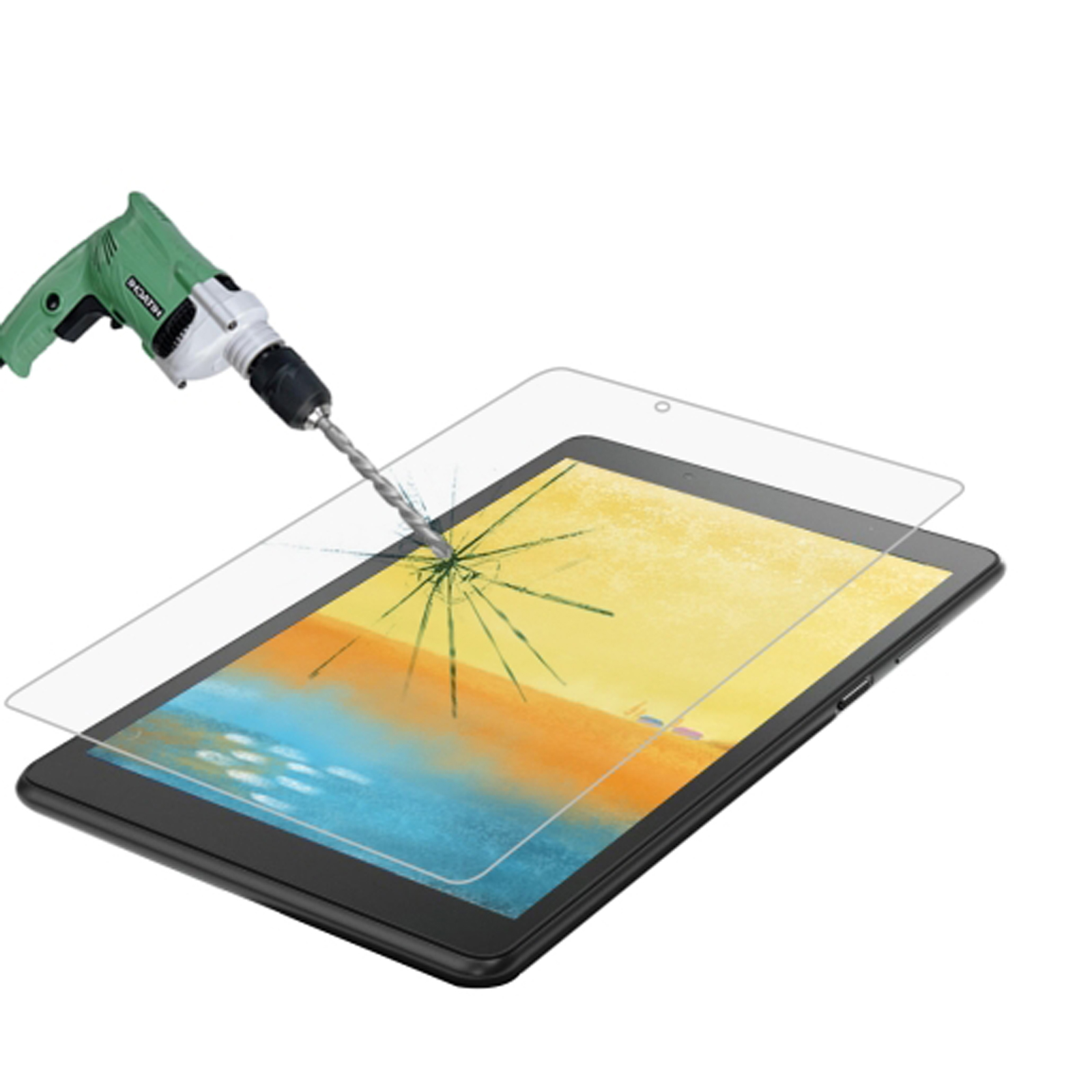 Un trapano sta per perforare lo schermo di un tablet con una protezione per lo schermo.