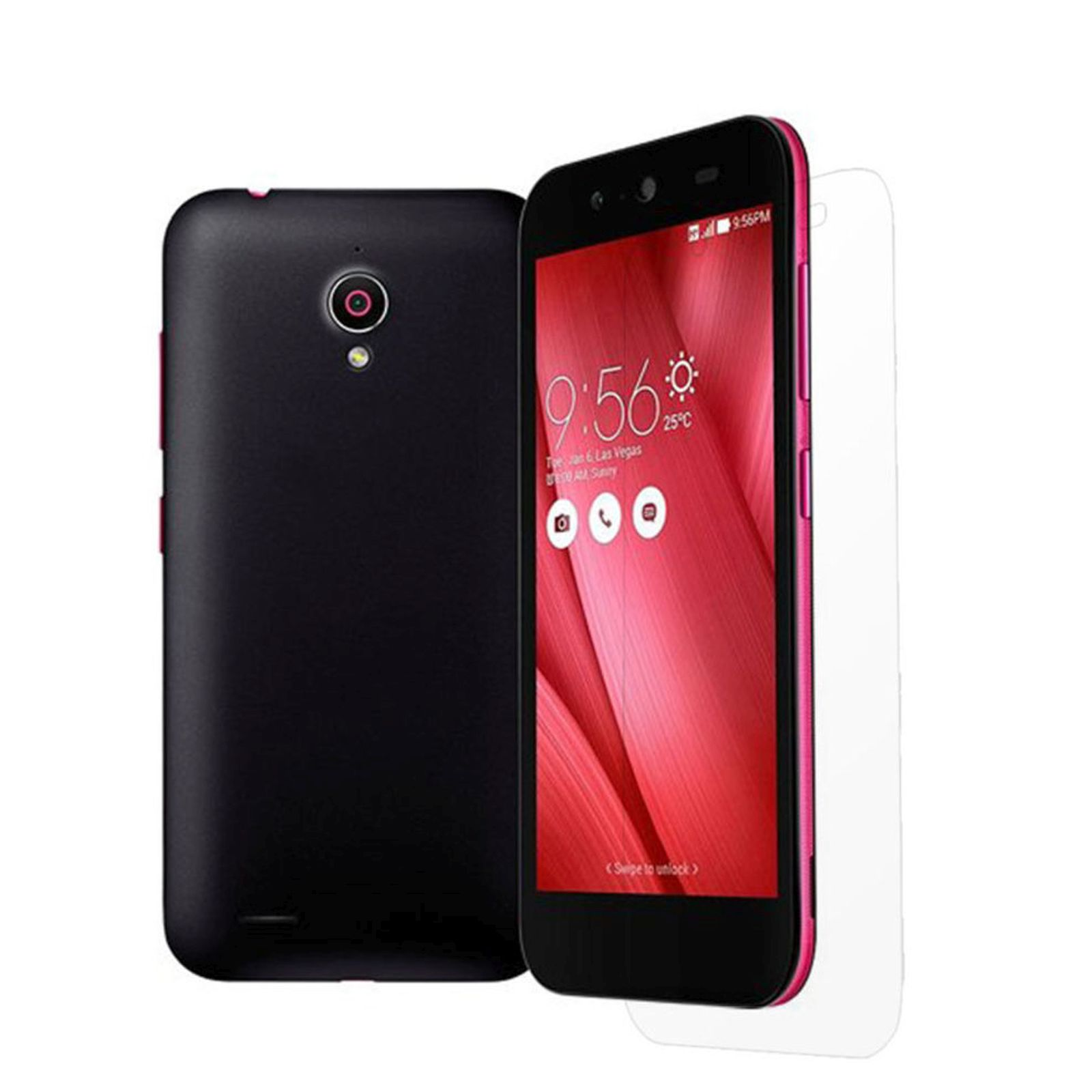 Ein schwarz-pinkes Telefon mit Displayschutzfolie. Das Telefon liegt auf einer weißen Oberfläche.