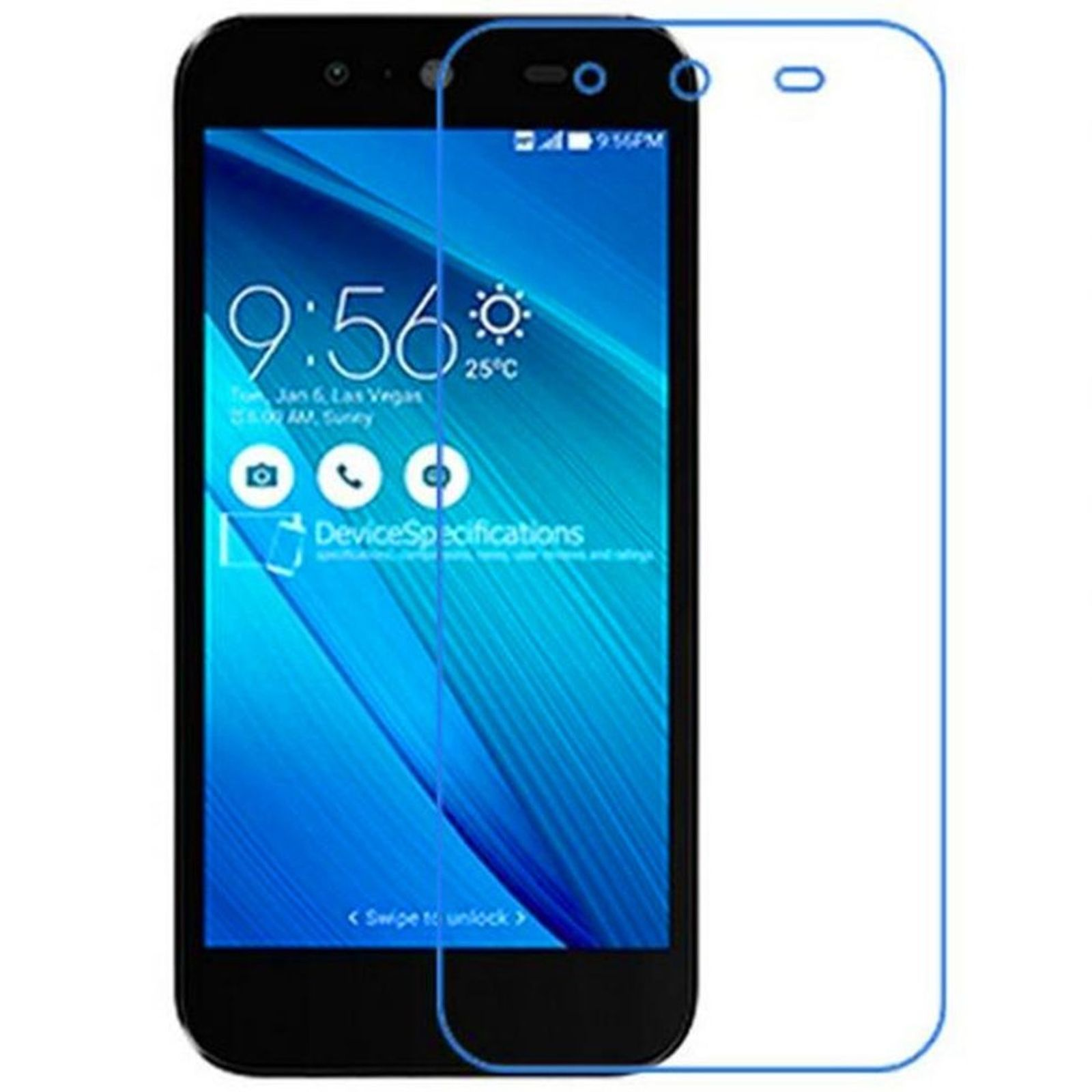 Schwarzes Smartphone mit Displayschutzfolie, zeigt Uhr und Zeit auf dem Bildschirm.