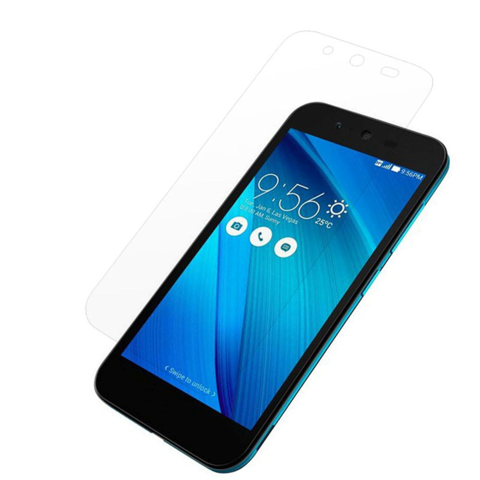 Smartphone mit Displayschutzfolie. Das Telefon zeigt die Uhrzeit an. Der Schutz ist weiß.