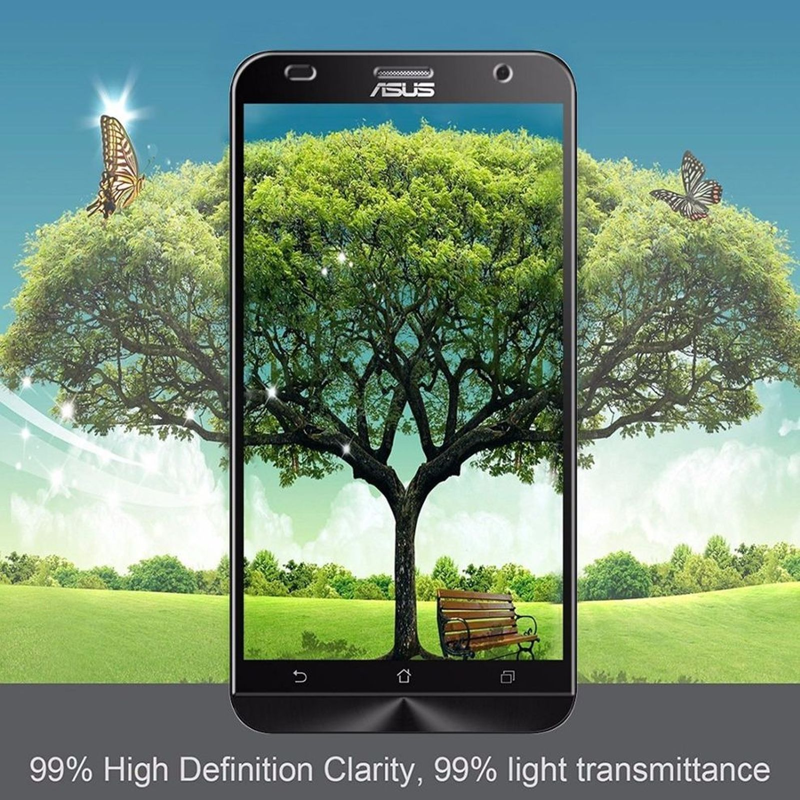 Smartphone-Bildschirm mit einem Baum-Bild, Schmetterlingen und Text darunter.