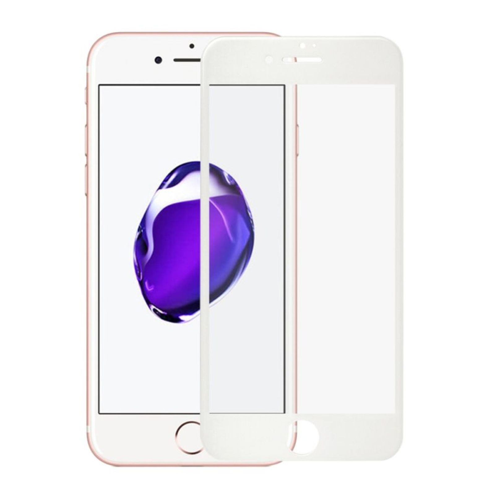 Roségoldenes Telefon mit Displayschutzfolie. Der Bildschirm zeigt ein lila Design. Home-Taste.