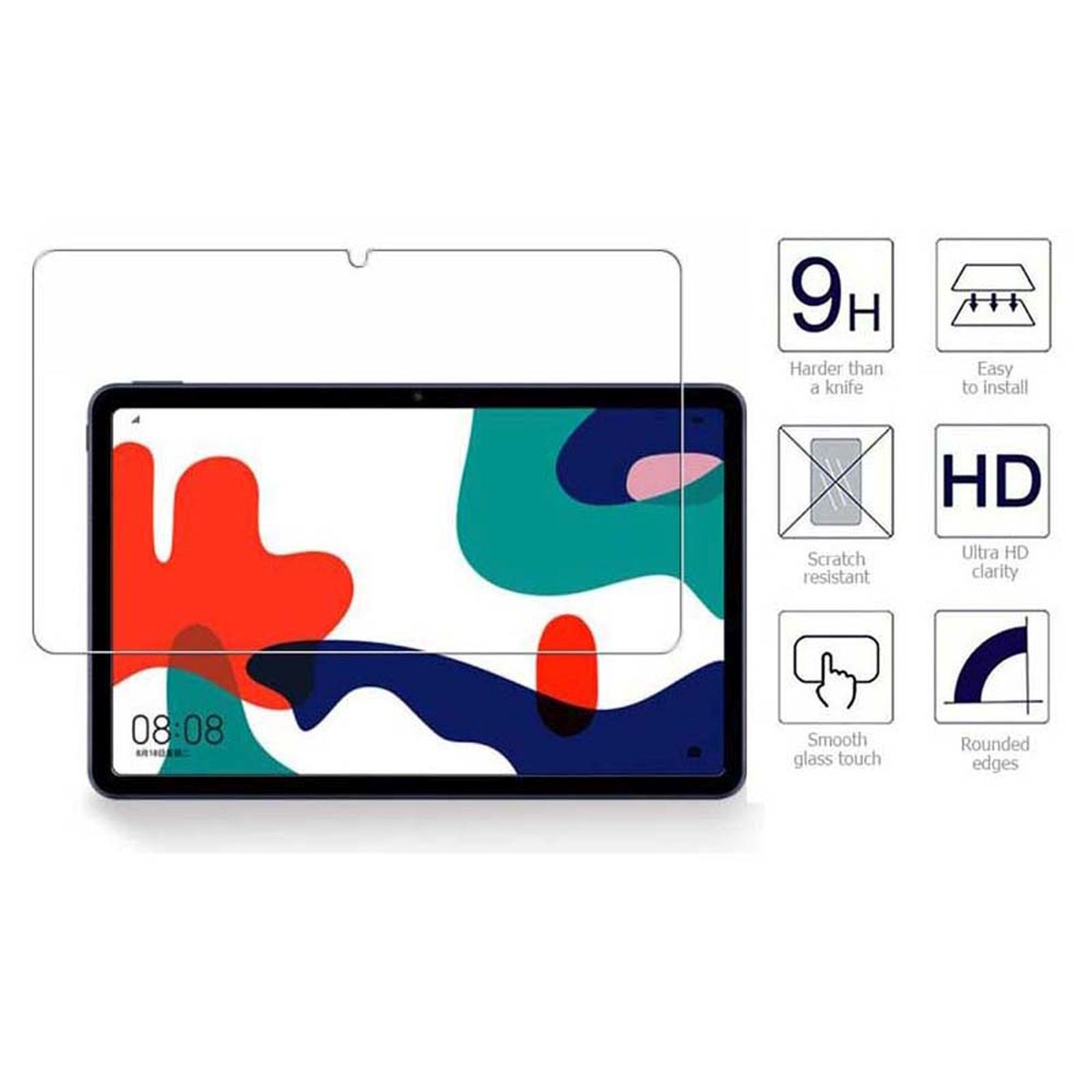 Tablet con protezione schermo e icone che indicano le funzionalità su sfondo bianco.