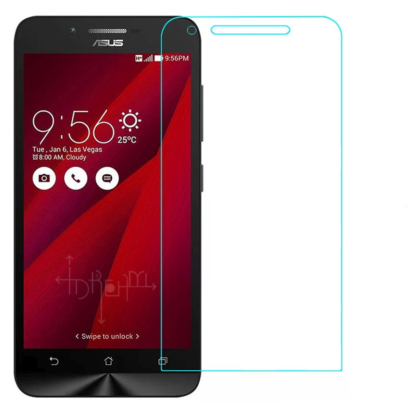 Uno smartphone con protezione per lo schermo. Mostra ora, data e uno sfondo rosso.