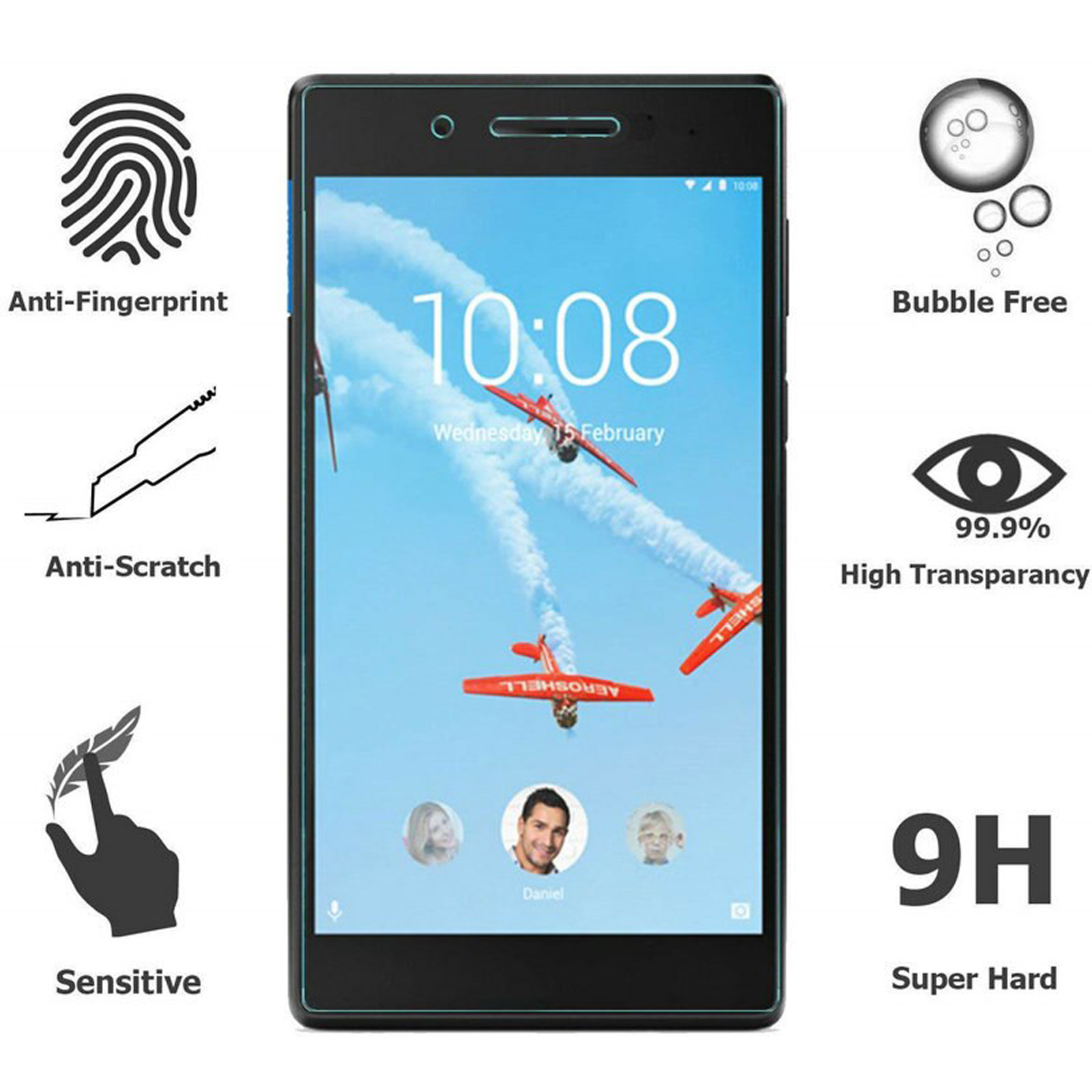 Tablet con proteggi schermo e icone delle funzioni.
