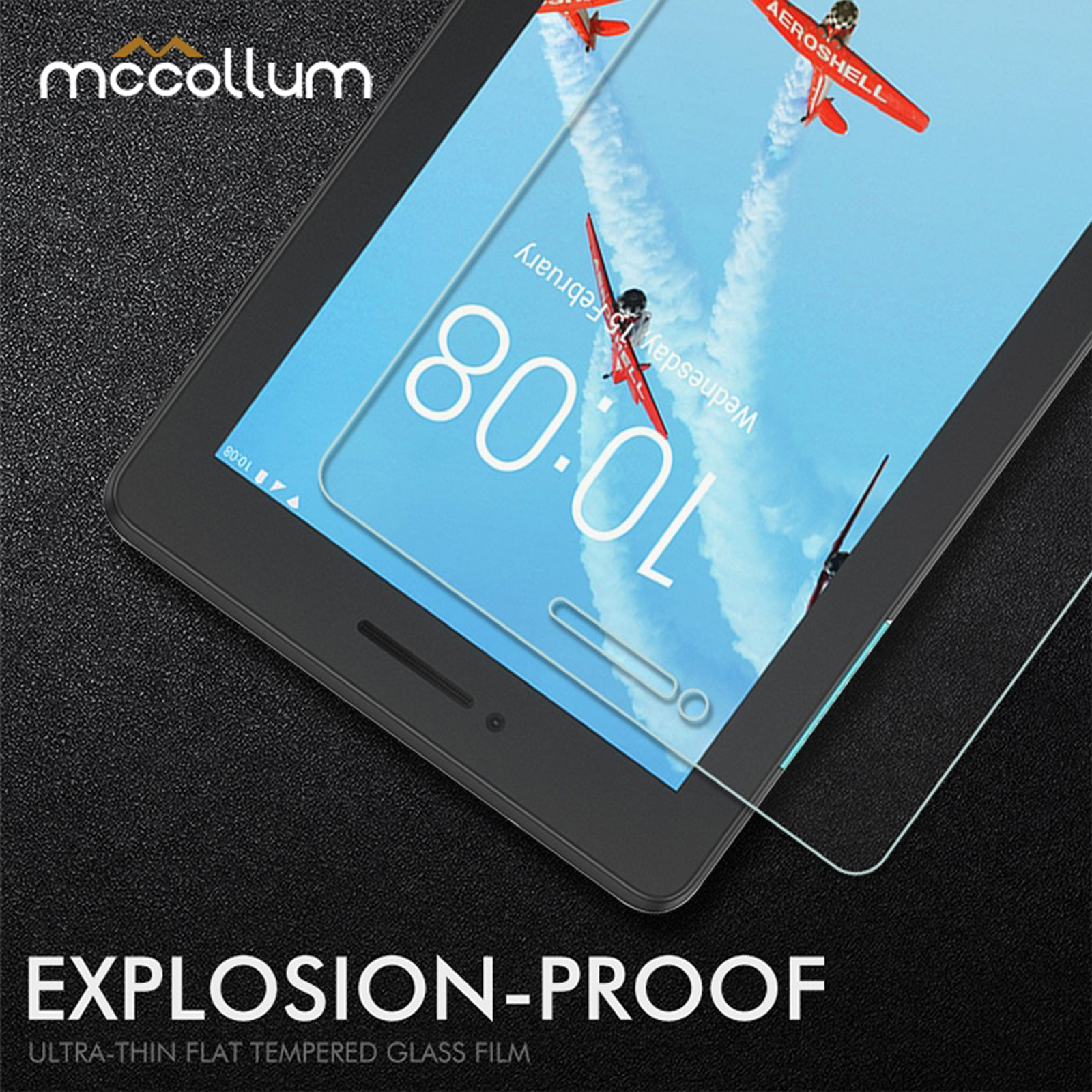 Proteggi schermo per tablet con tablet nell'angolo. Il testo dice a prova di esplosione.