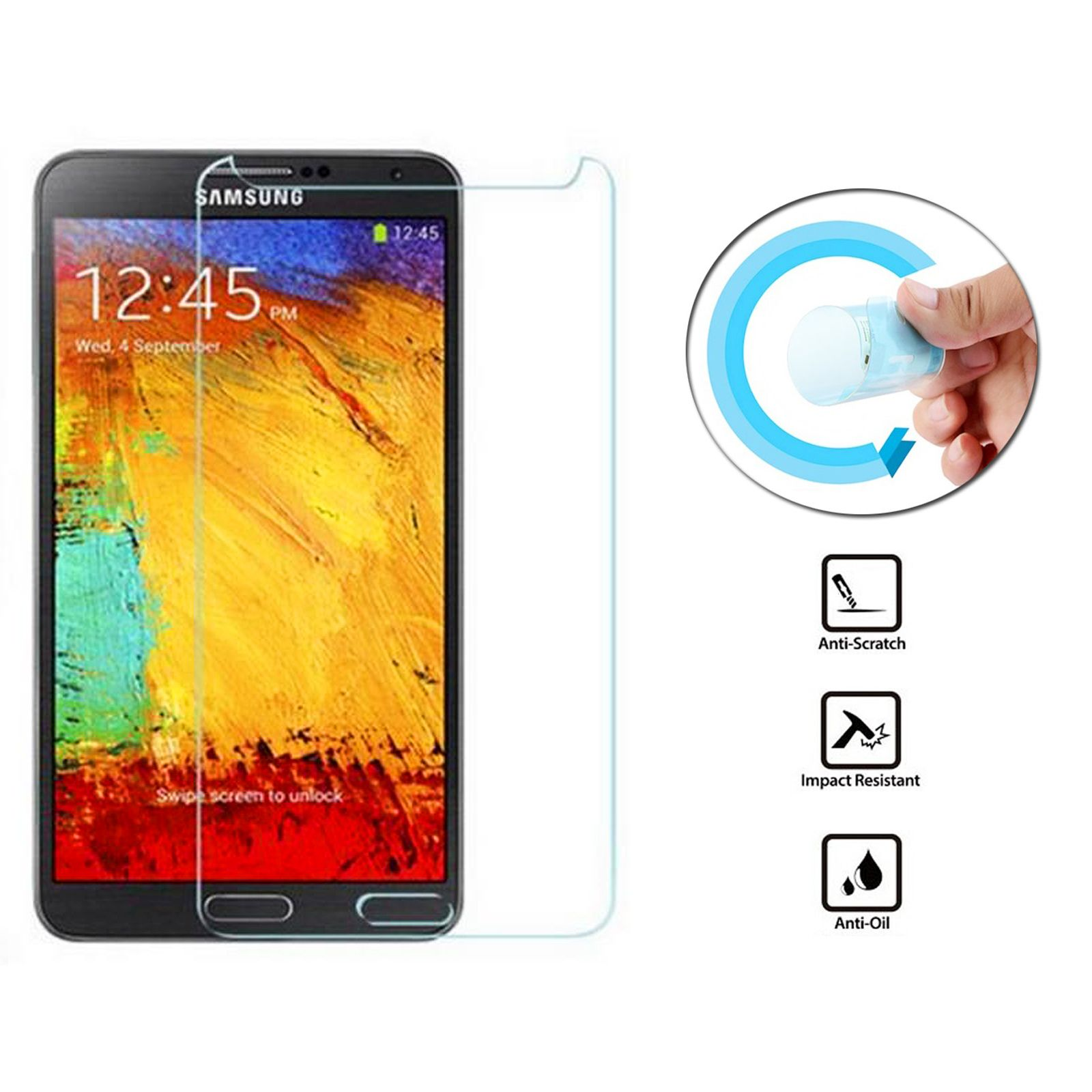 Ein schwarzes Smartphone mit Displayschutzfolie. Der Bildschirm zeigt eine Uhr und App-Symbole. Symbole für Schutzfunktionen sind vorhanden.