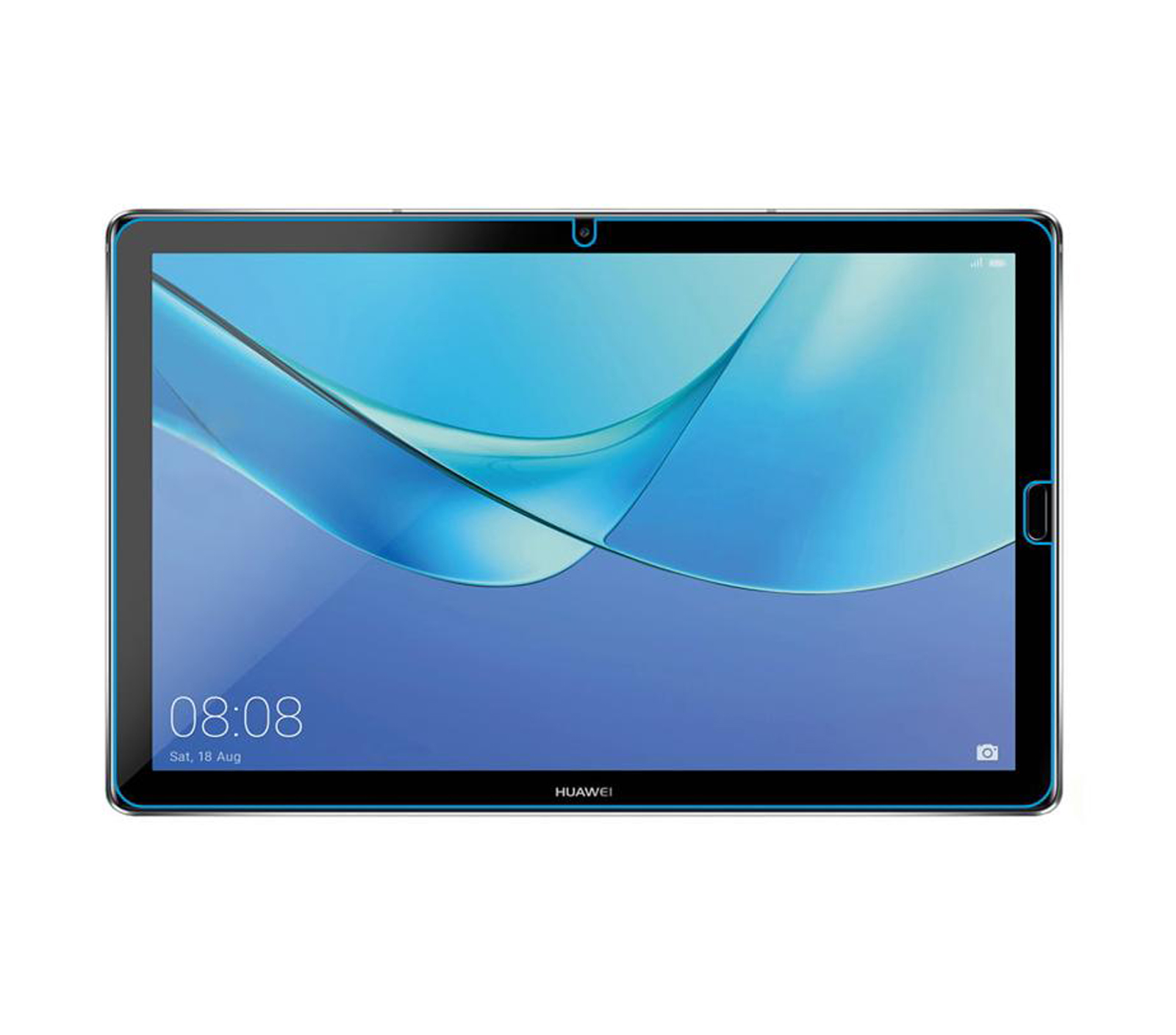 Un tablet che mostra uno schermo blu e bianco con un display dell'ora e un obiettivo della fotocamera.