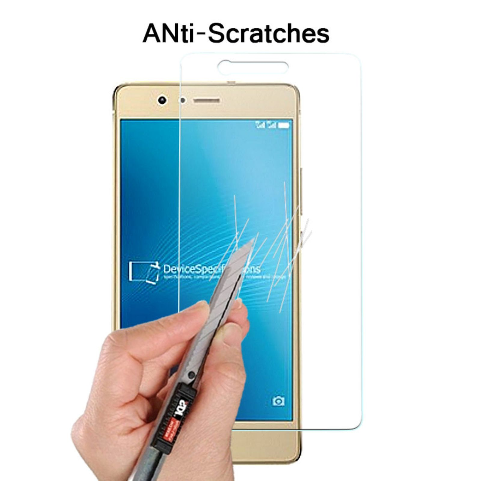 Hand mit Cutter schneidet Displayschutz auf dem Telefon.