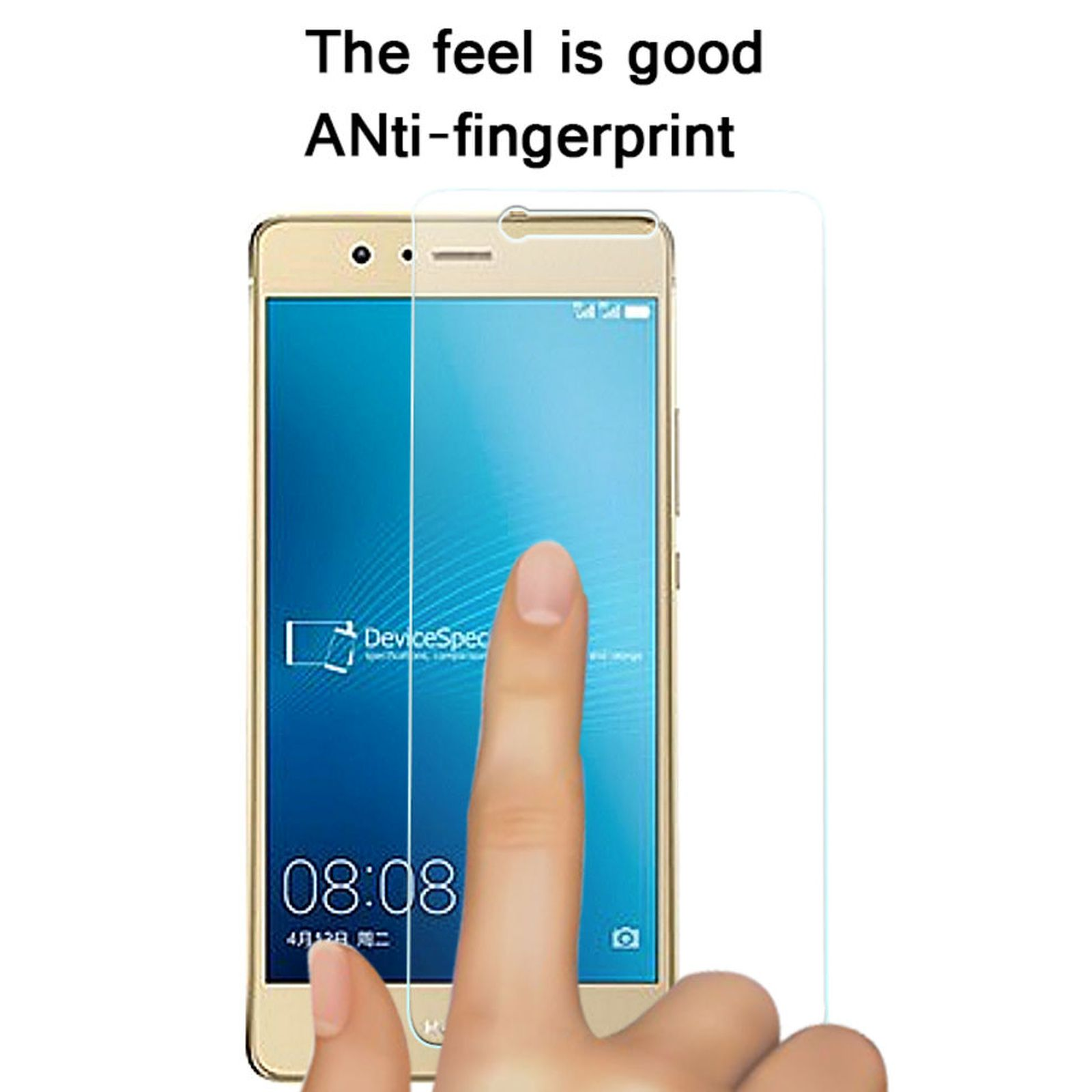 Ein Telefon mit Displayschutz, ein Finger berührt den Bildschirm. Zeigt die Uhrzeit an.