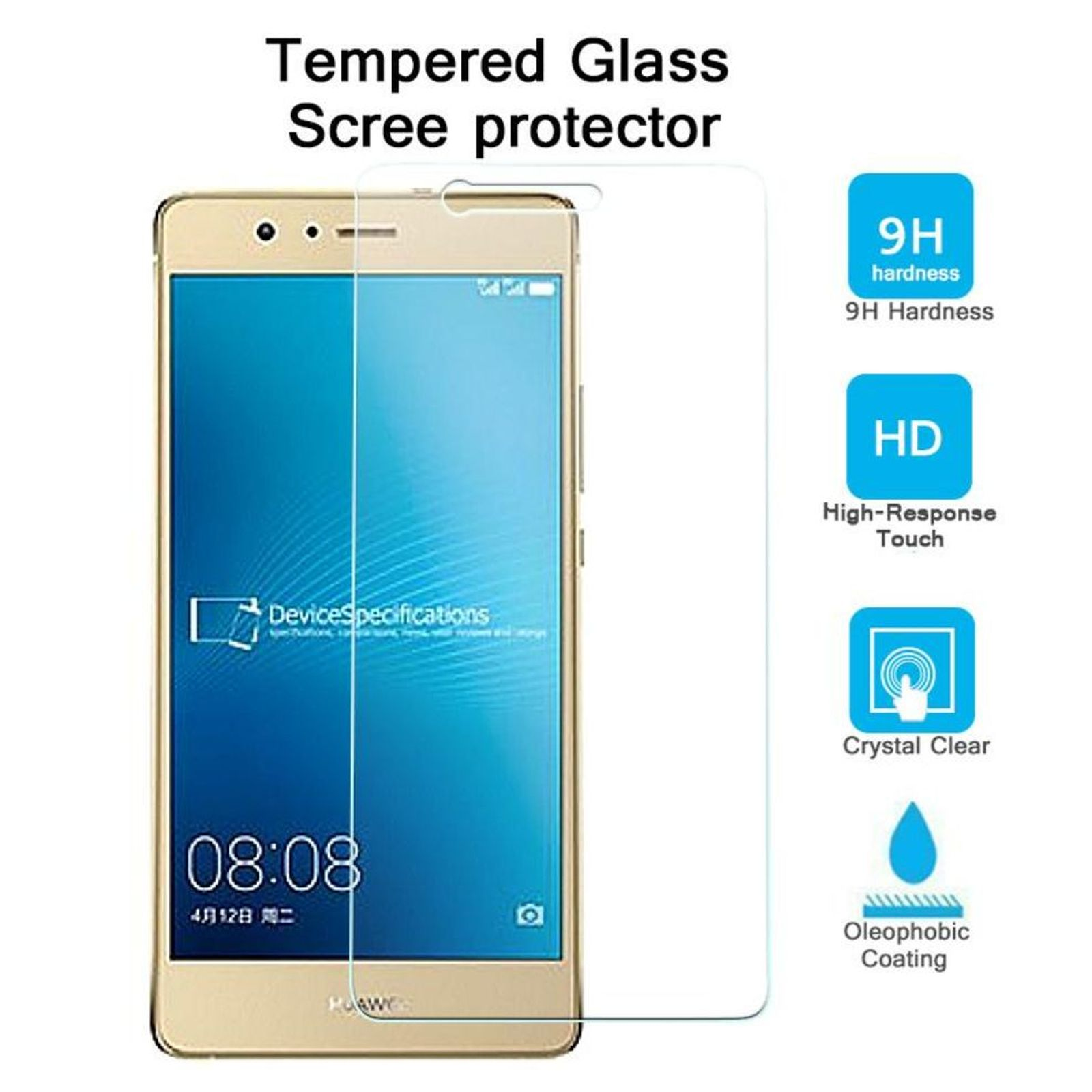 Ein Telefon mit Displayschutzfolie, das einen Bildschirm und Symbole mit Funktionen wie 9H Härte anzeigt.