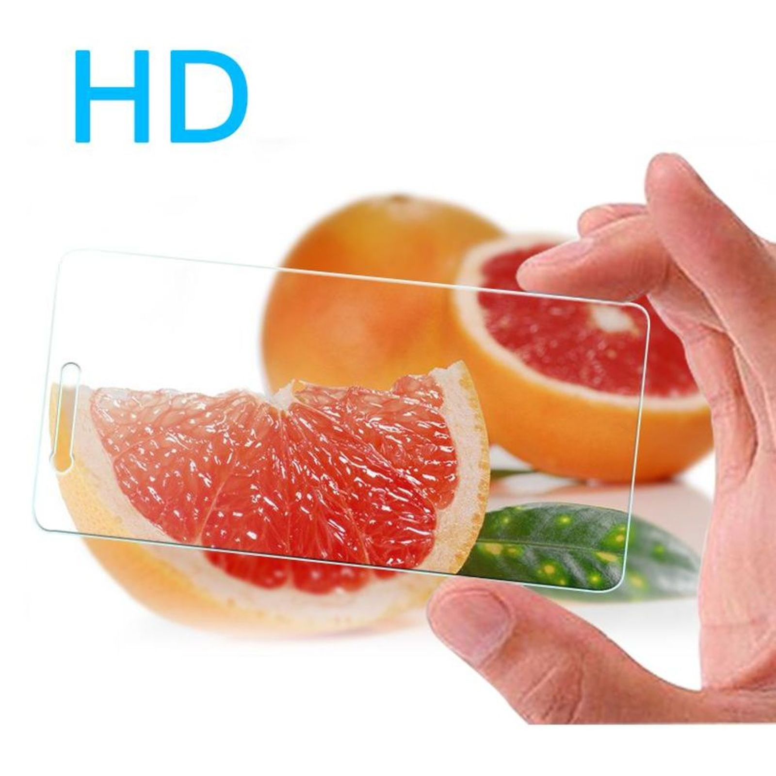 Eine Hand hält einen Displayschutz vor einer Grapefruit-Scheibe. Der Text 'HD' steht oben.