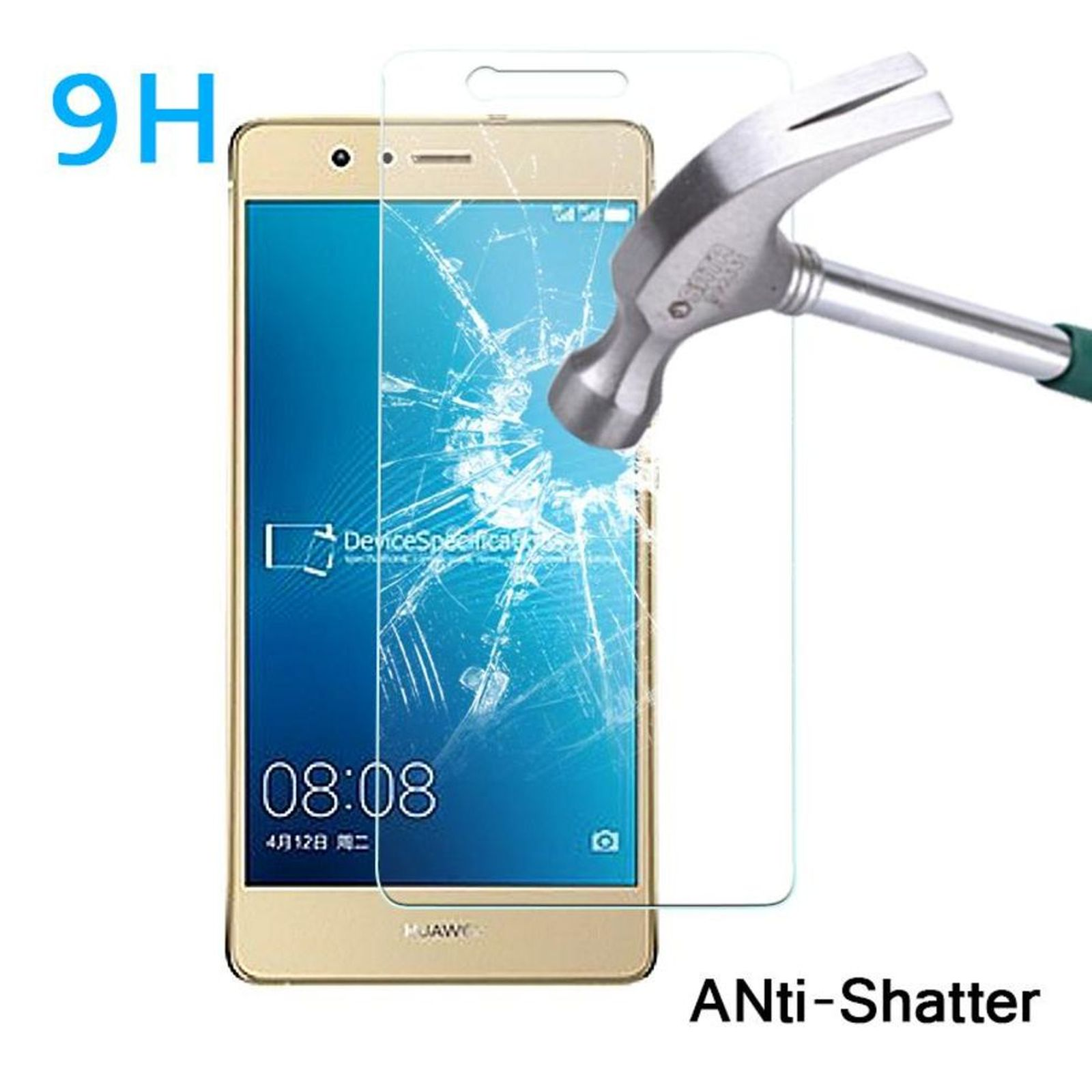 Smartphone mit Displayschutzfolie und Hammer. Telefon gold, Bildschirm gerissen. Hintergrund weiß.