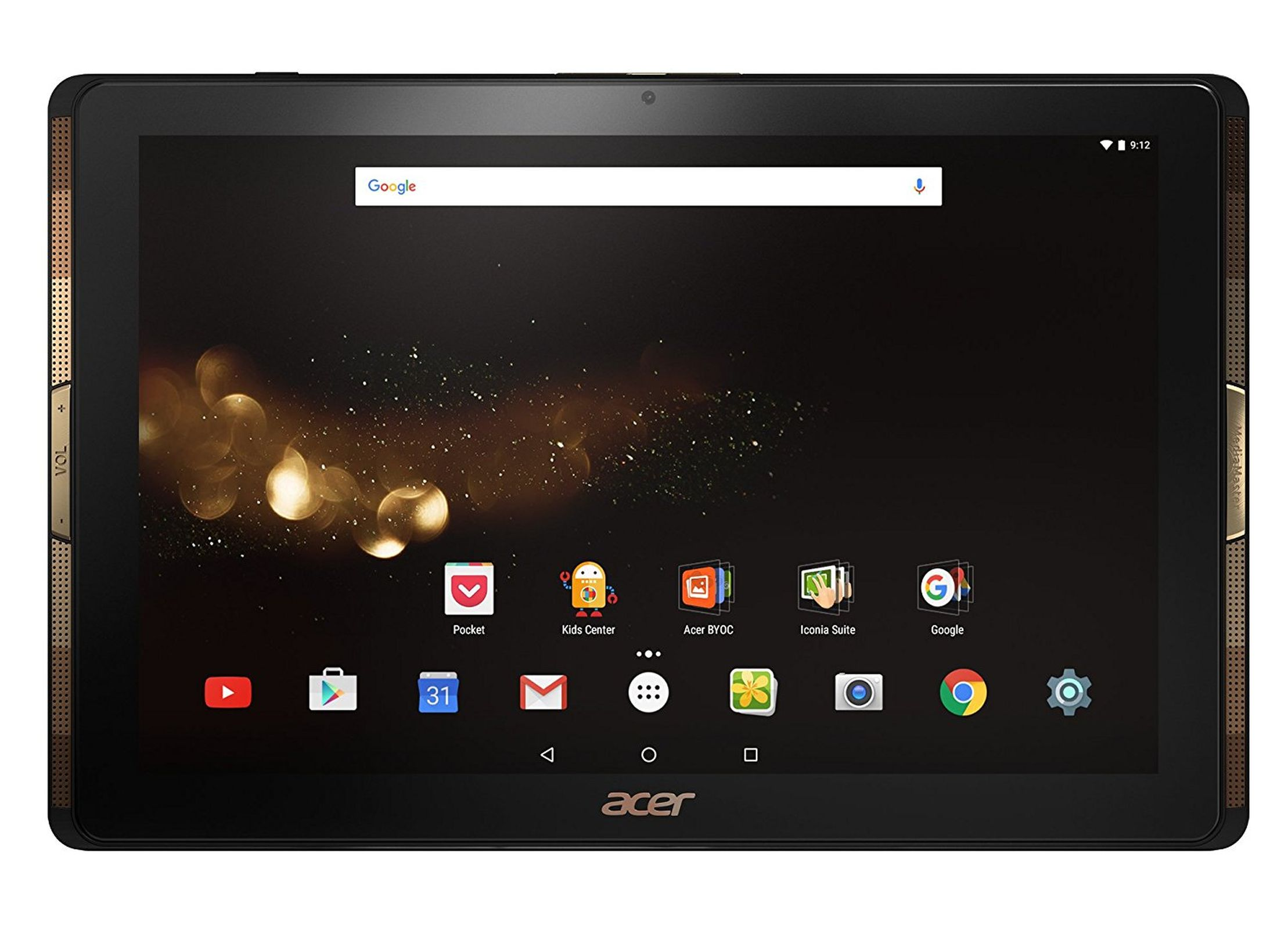 Un tablet con il logo Acer in basso. Lo schermo mostra le icone delle app e un bordo dorato/marrone.