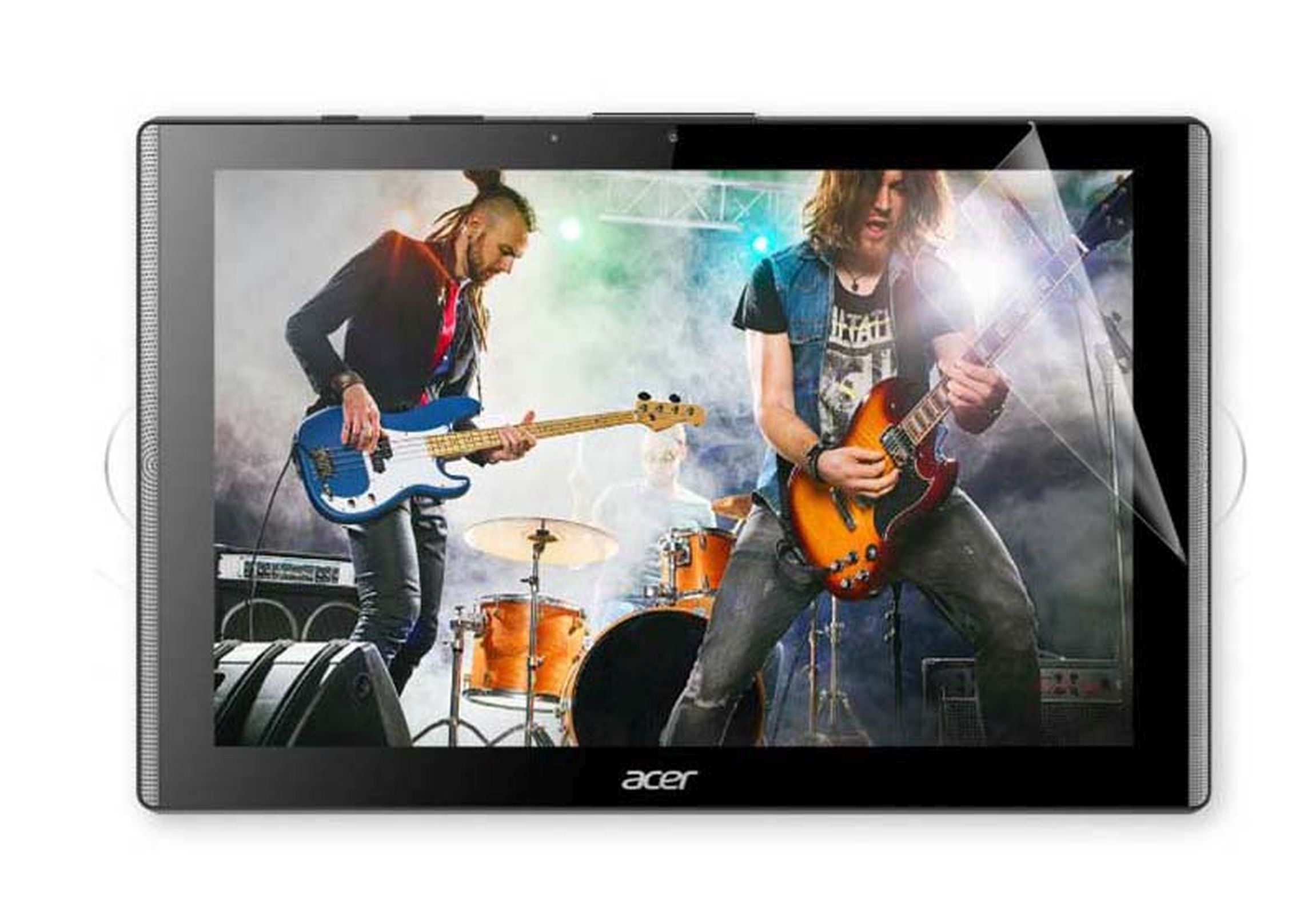 Tablet che mostra una band suonare musica. Cornice nera con dettagli altoparlante. Sfondo bianco.