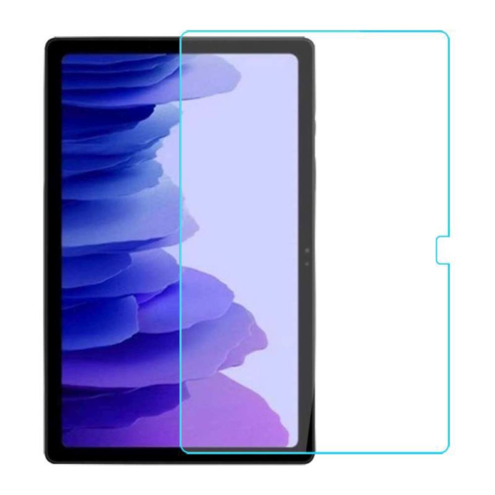 Tablet con protezione schermo. Lo schermo è nero, la protezione è trasparente con cornice blu.
