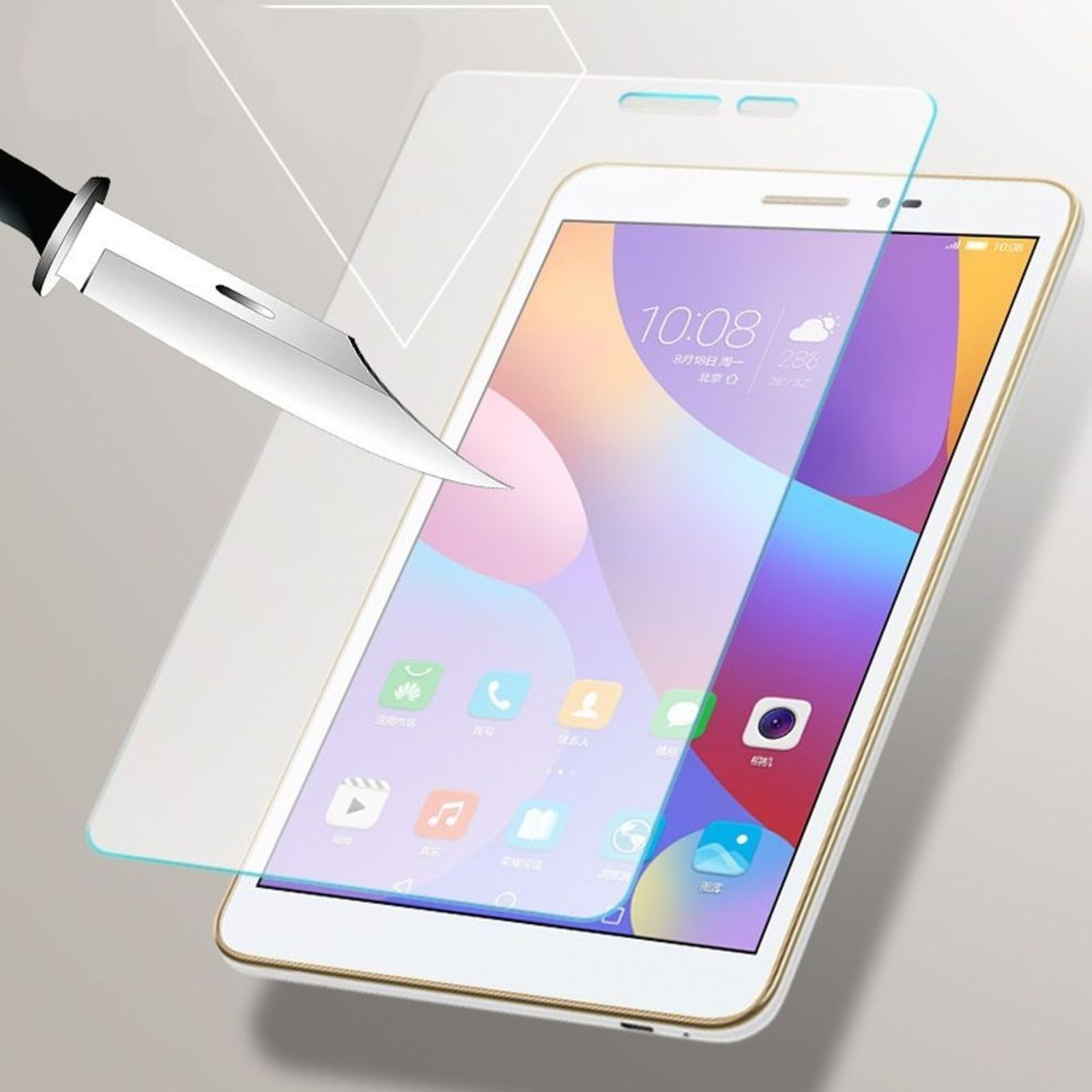 Smartphone con una protezione schermo tagliata con un coltello. Il telefono è color oro.
