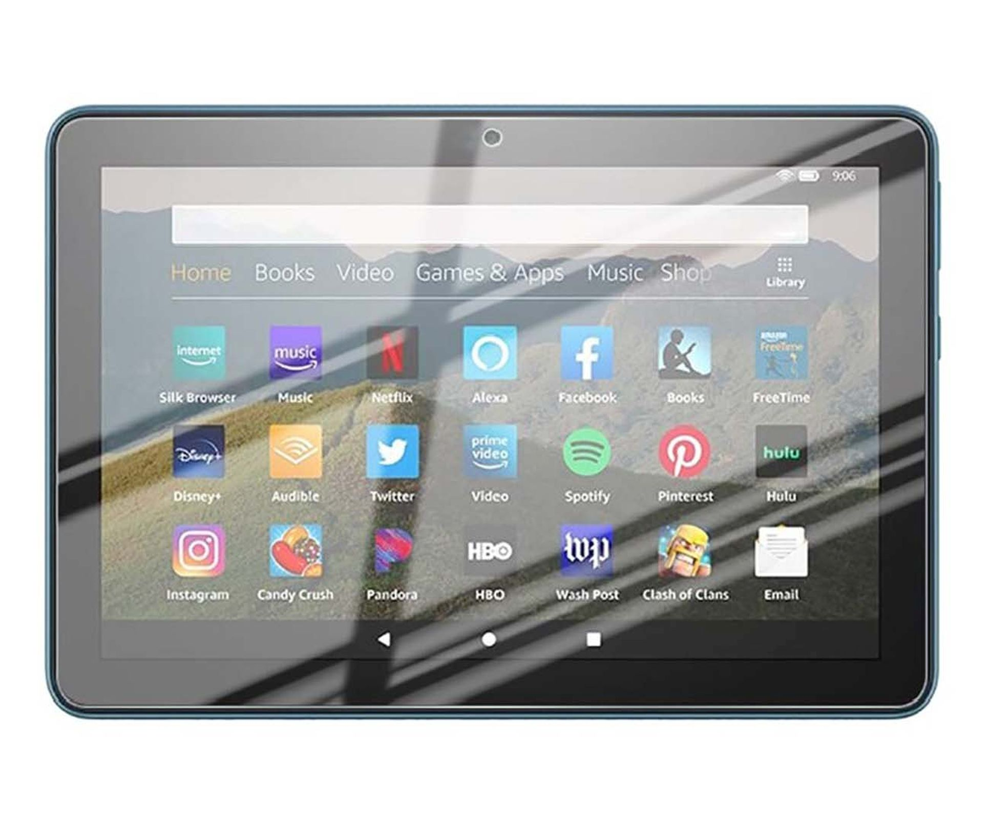 Un tablet mostra icone di app sullo schermo. Home, Libri, Video, Giochi, Musica e altro.