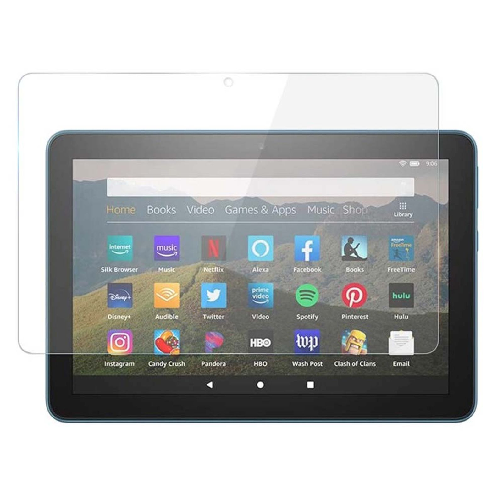 Un tablet con una protezione schermo è mostrato su un tavolo.