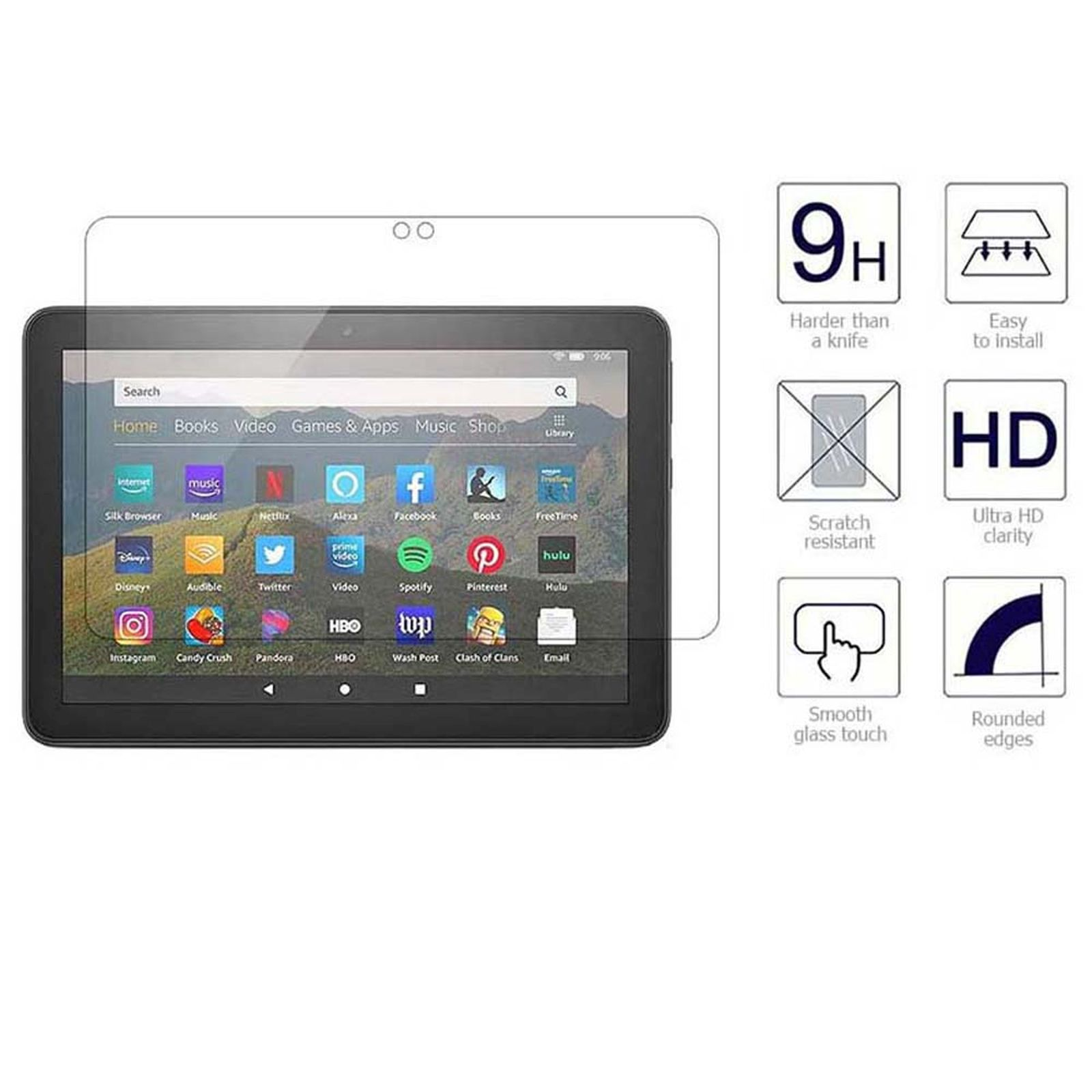Un tablet con una protezione per lo schermo. Sono presenti icone per resistenza ai graffi, chiarezza HD e bordi arrotondati.