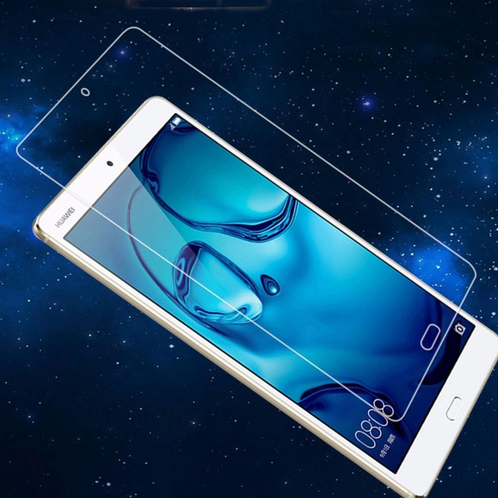 Un tablet con protezione schermo. Lo schermo mostra uno sfondo blu stellato.