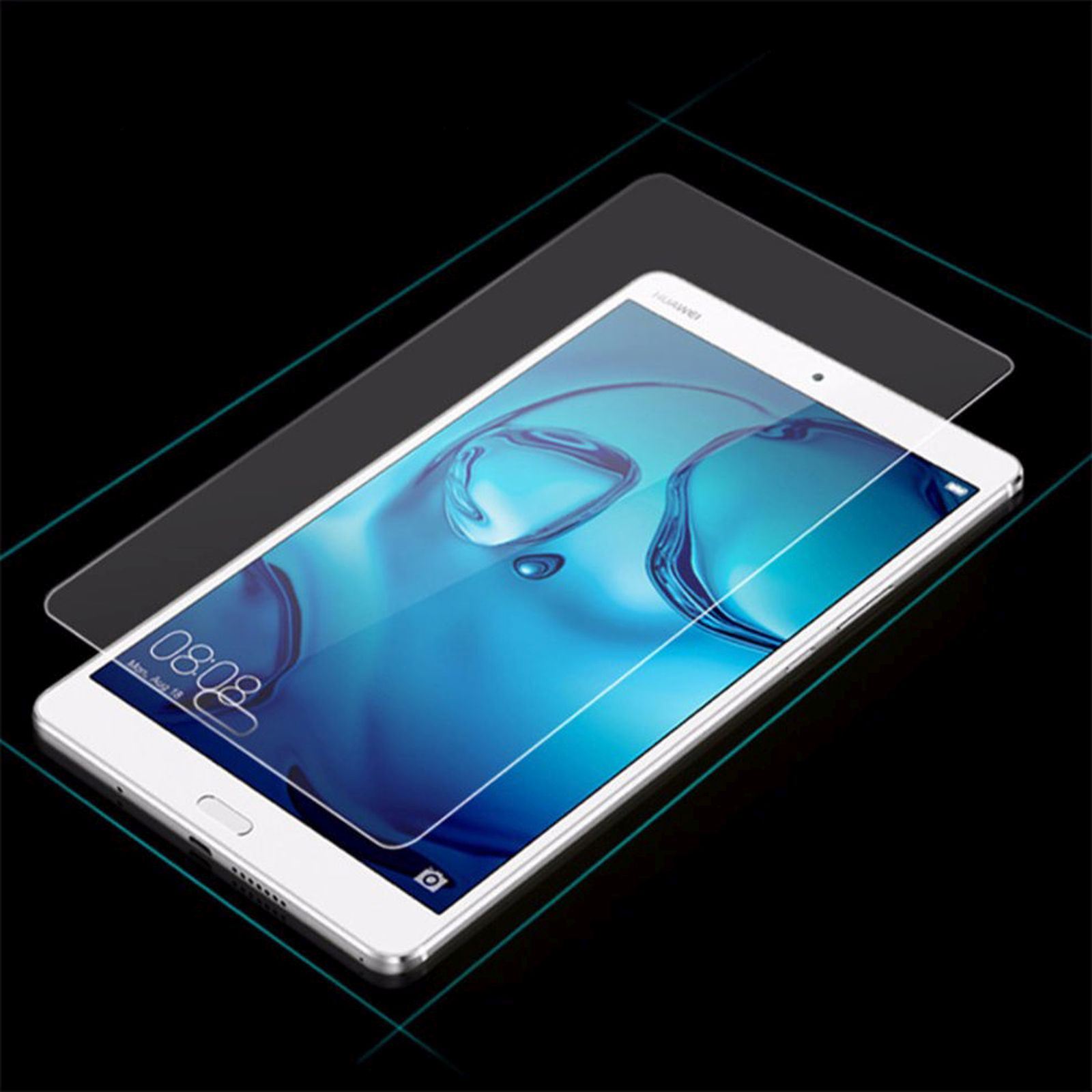 Un tablet bianco con una protezione per lo schermo davanti. La protezione è trasparente.