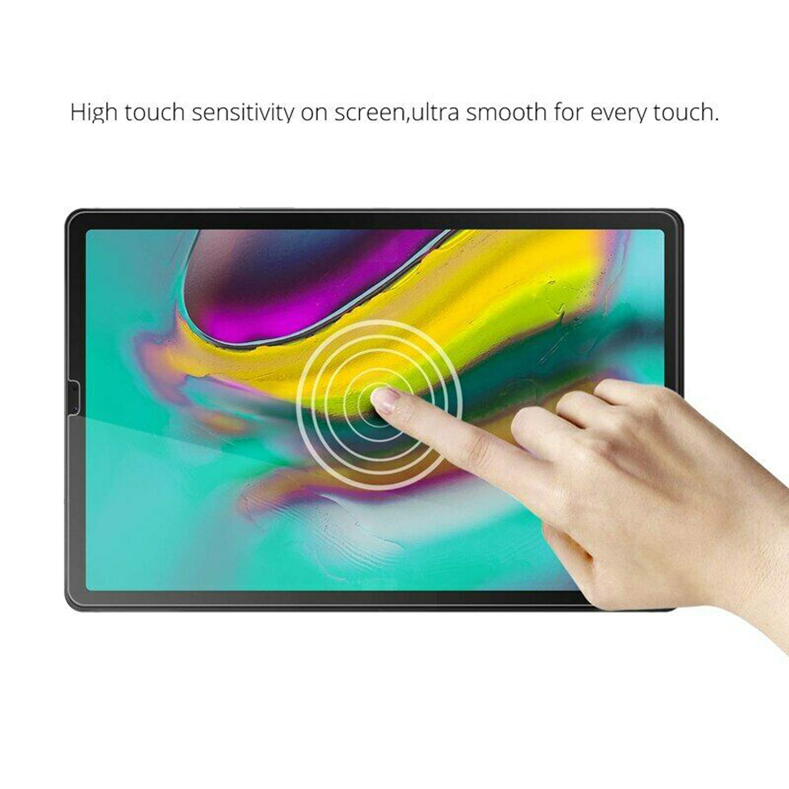 Una mano tocca lo schermo di un tablet, evidenziando un cerchio sullo schermo. Testo: Alta sensibilità al tocco sullo schermo.