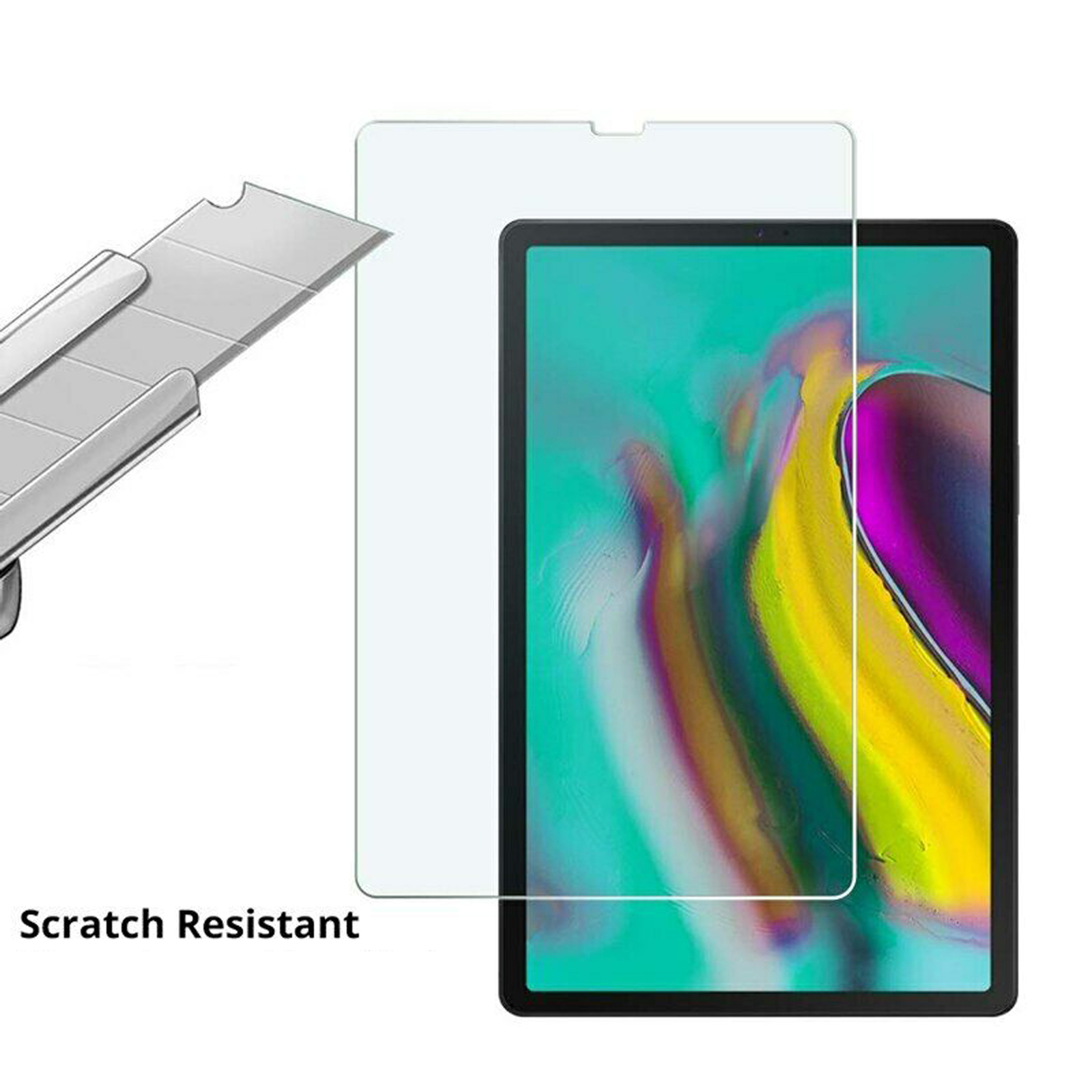 Tablet con protezione schermo in applicazione. Un coltello taglia la protezione, etichetta resistente.
