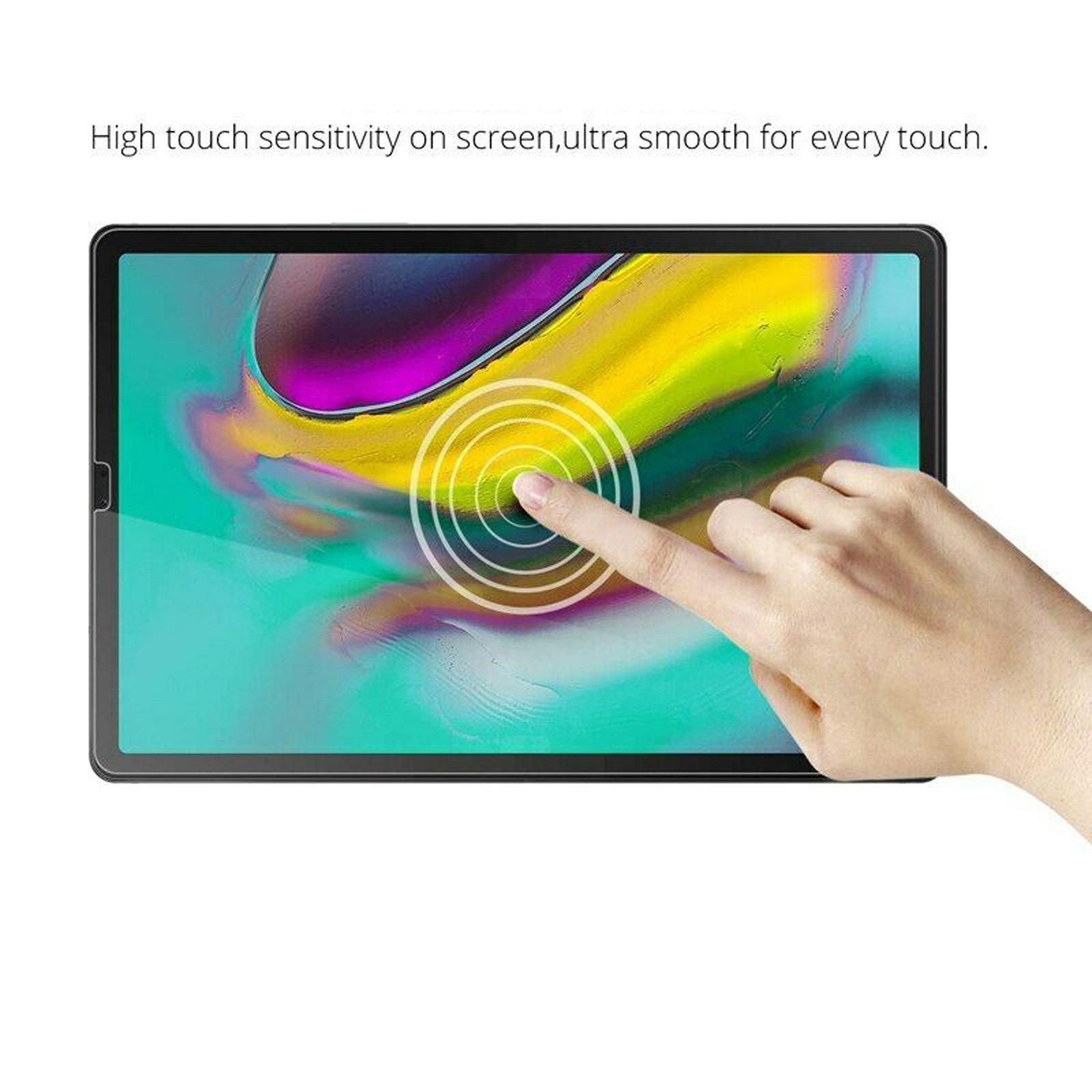 Tablet che mostra un dito che tocca lo schermo, con testo sulla sensibilità al tocco.