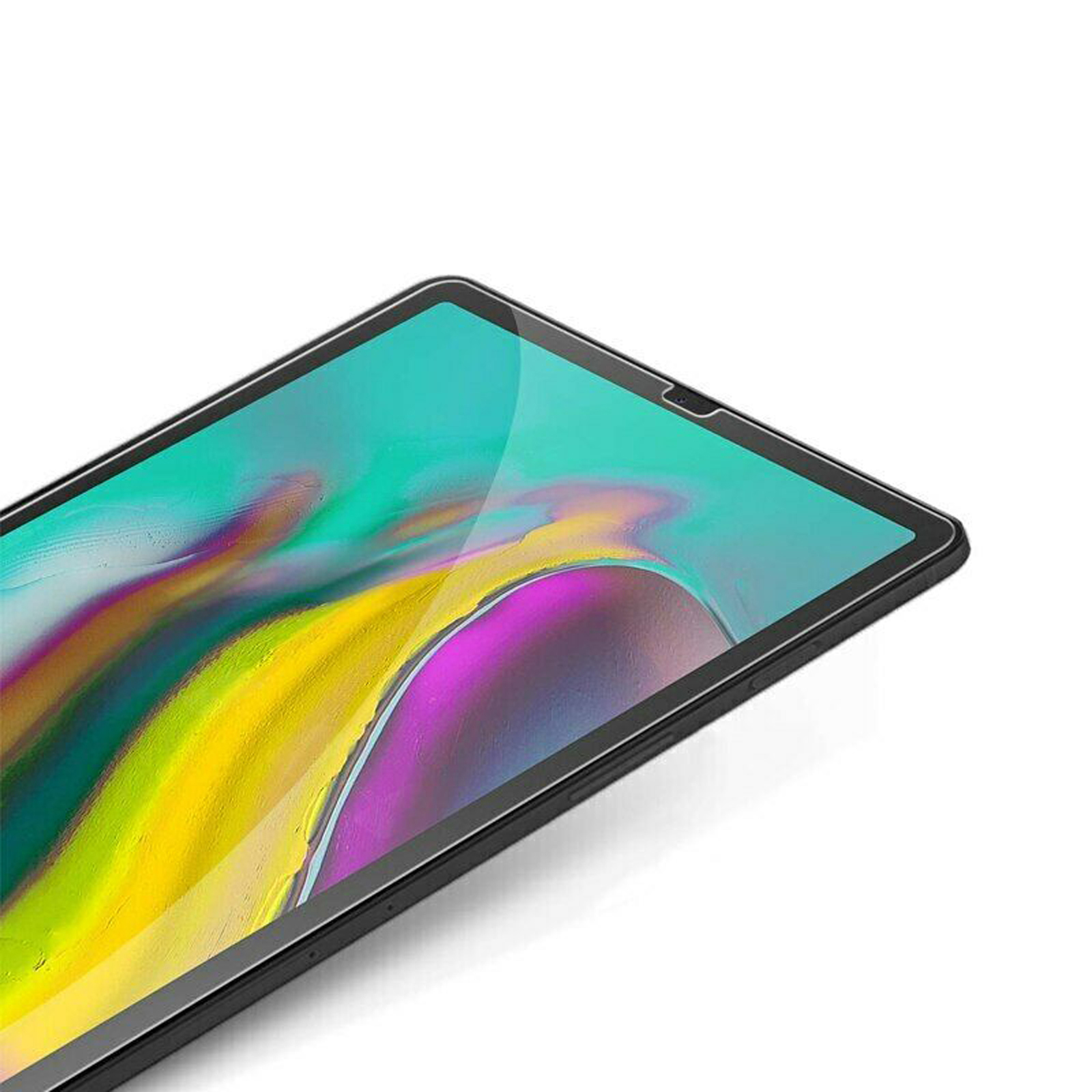 Primo piano di uno schermo del tablet. Lo schermo è nero con una superficie lucida e riflettente.