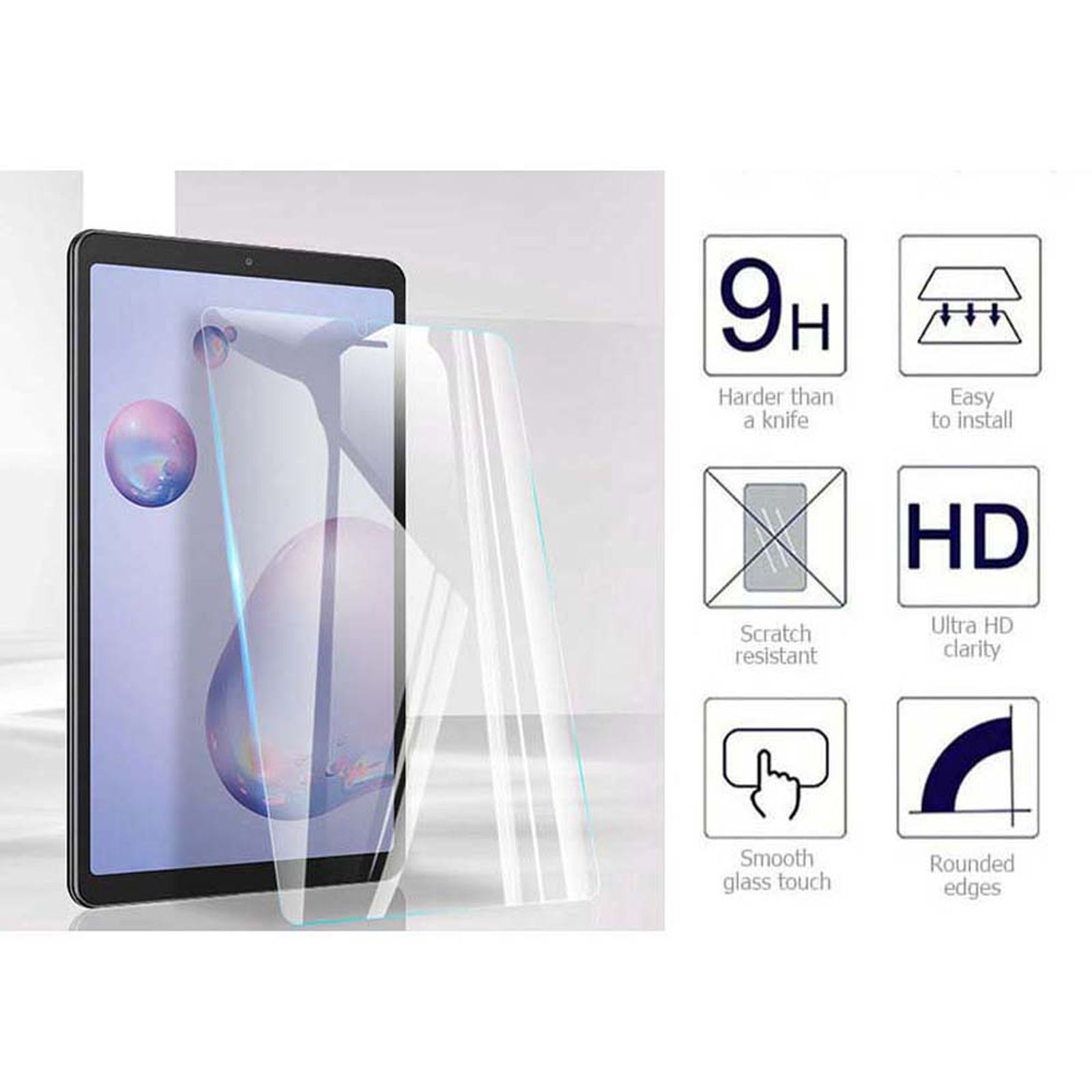 Tablet con protezione schermo e icone informative accanto.