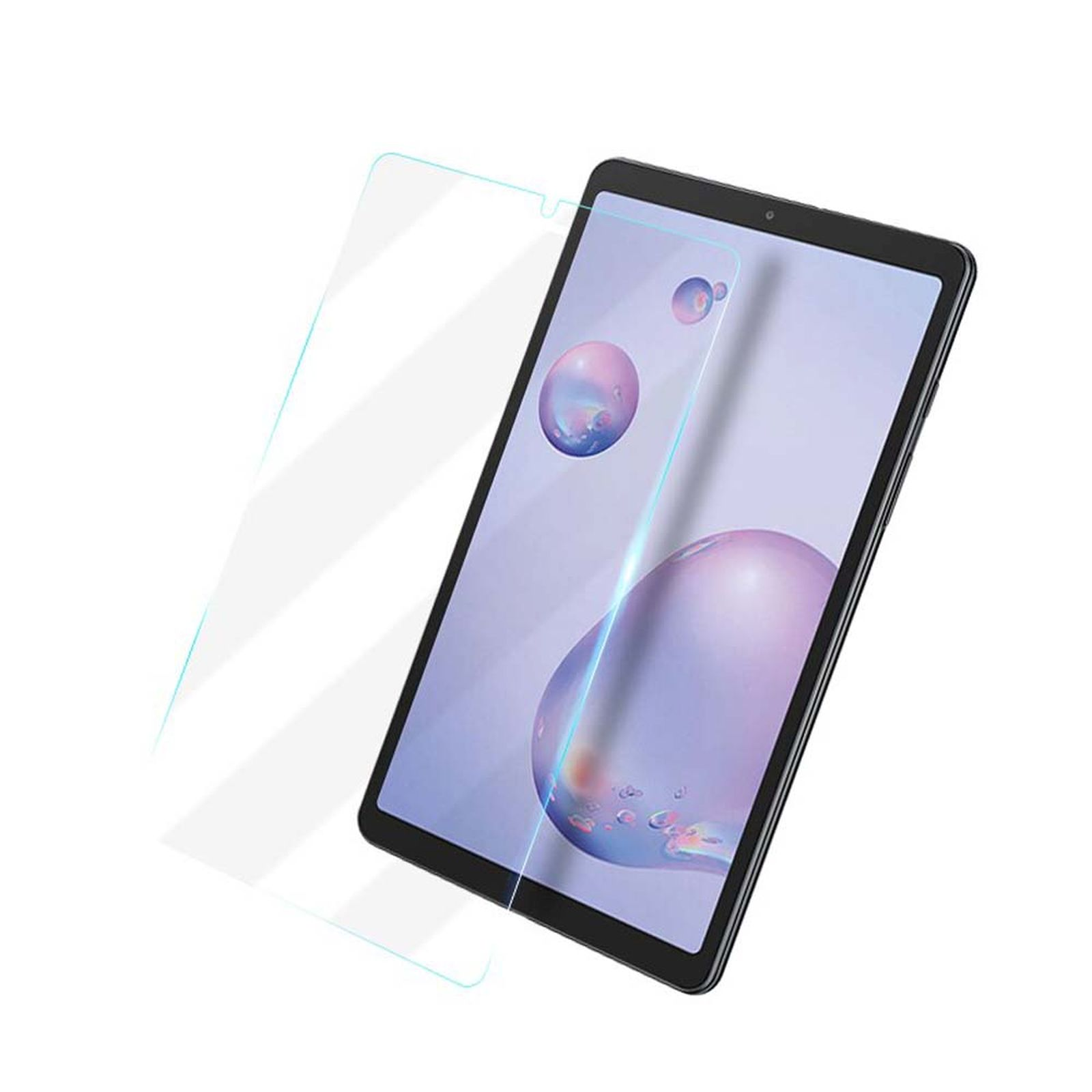 Tablet con protezione schermo applicata. Lo schermo mostra uno sfondo di bolle viola.