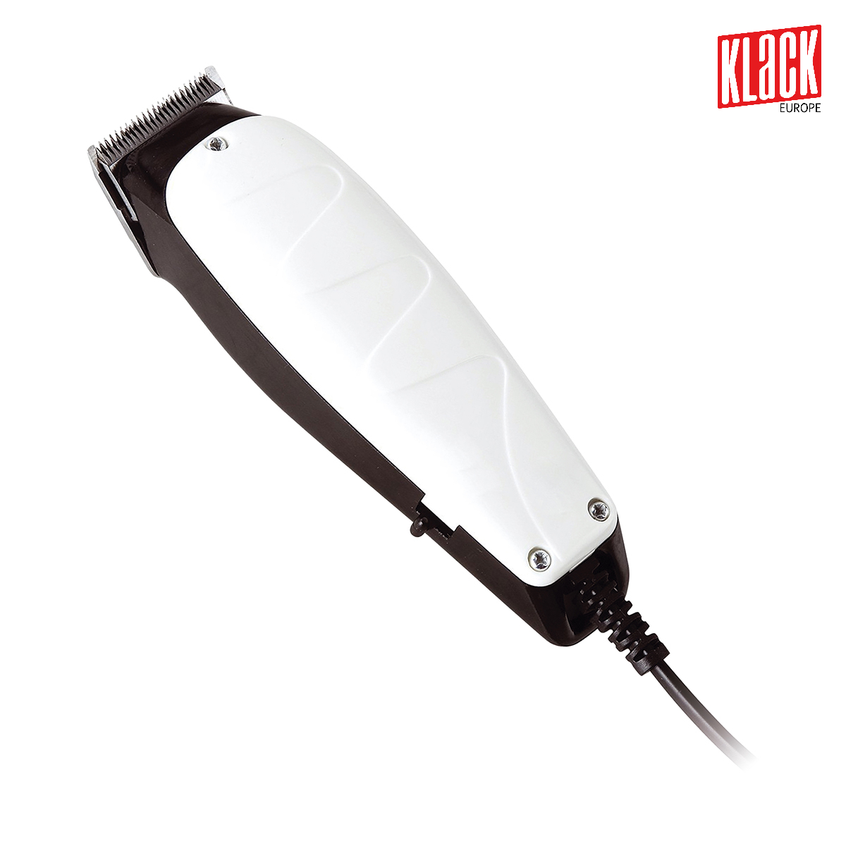 Una cortadora de pelo blanca y negra con un cable de alimentación, en ángulo sobre un fondo blanco.