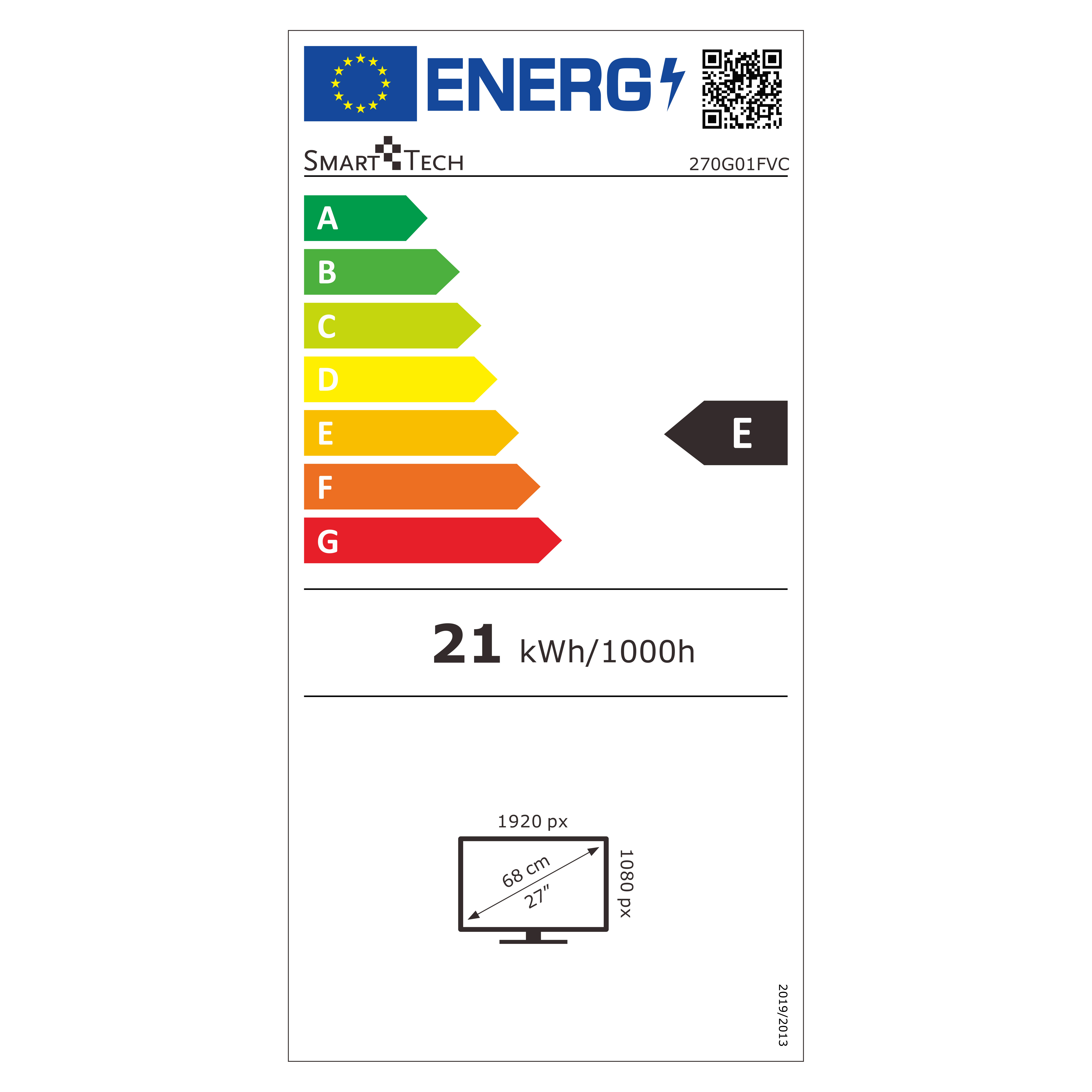 Una etiqueta energética con clasificación 'E' y especificaciones para un televisor de 27 pulgadas.