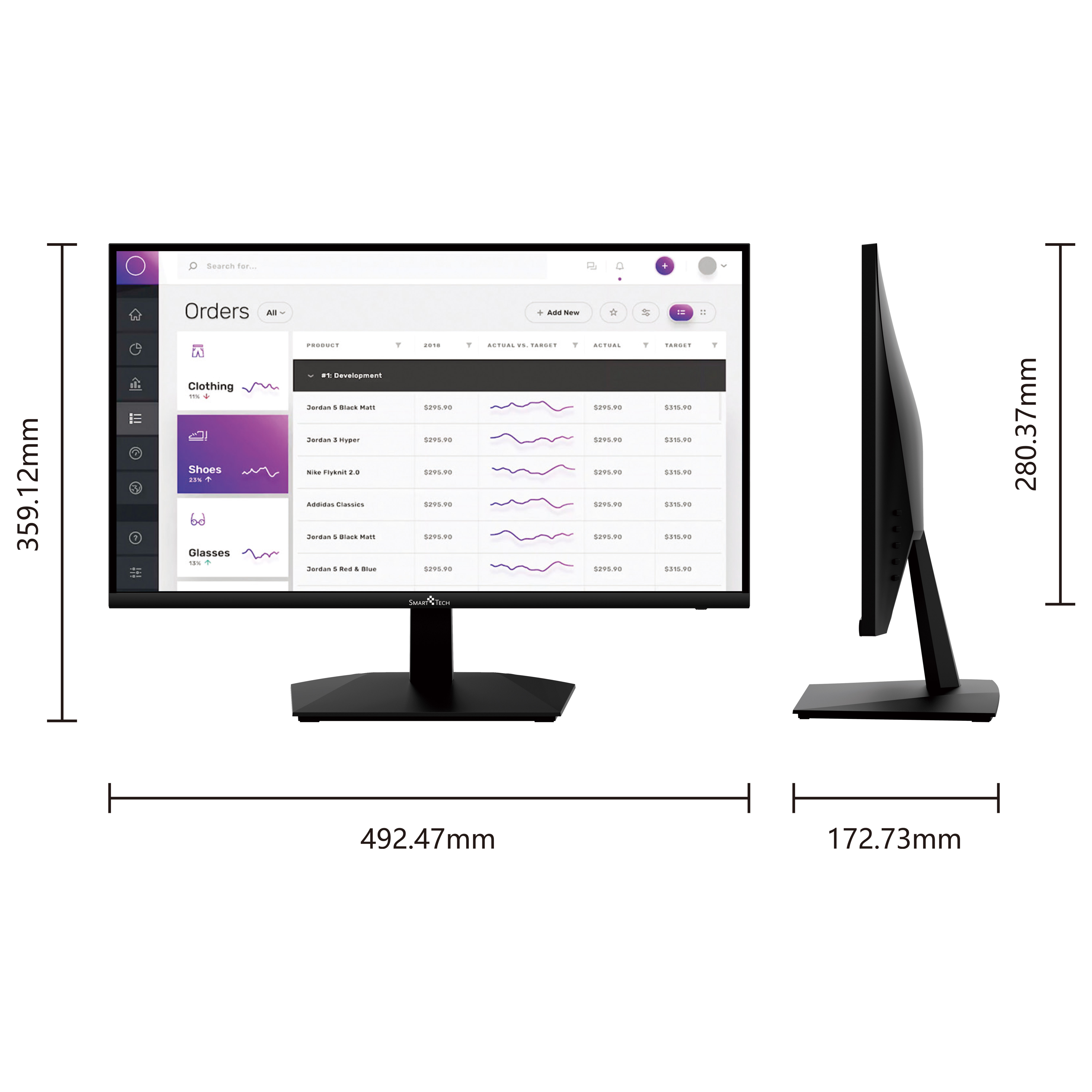 Monitor per computer nero con sfondo bianco. Le dimensioni sono visualizzate.