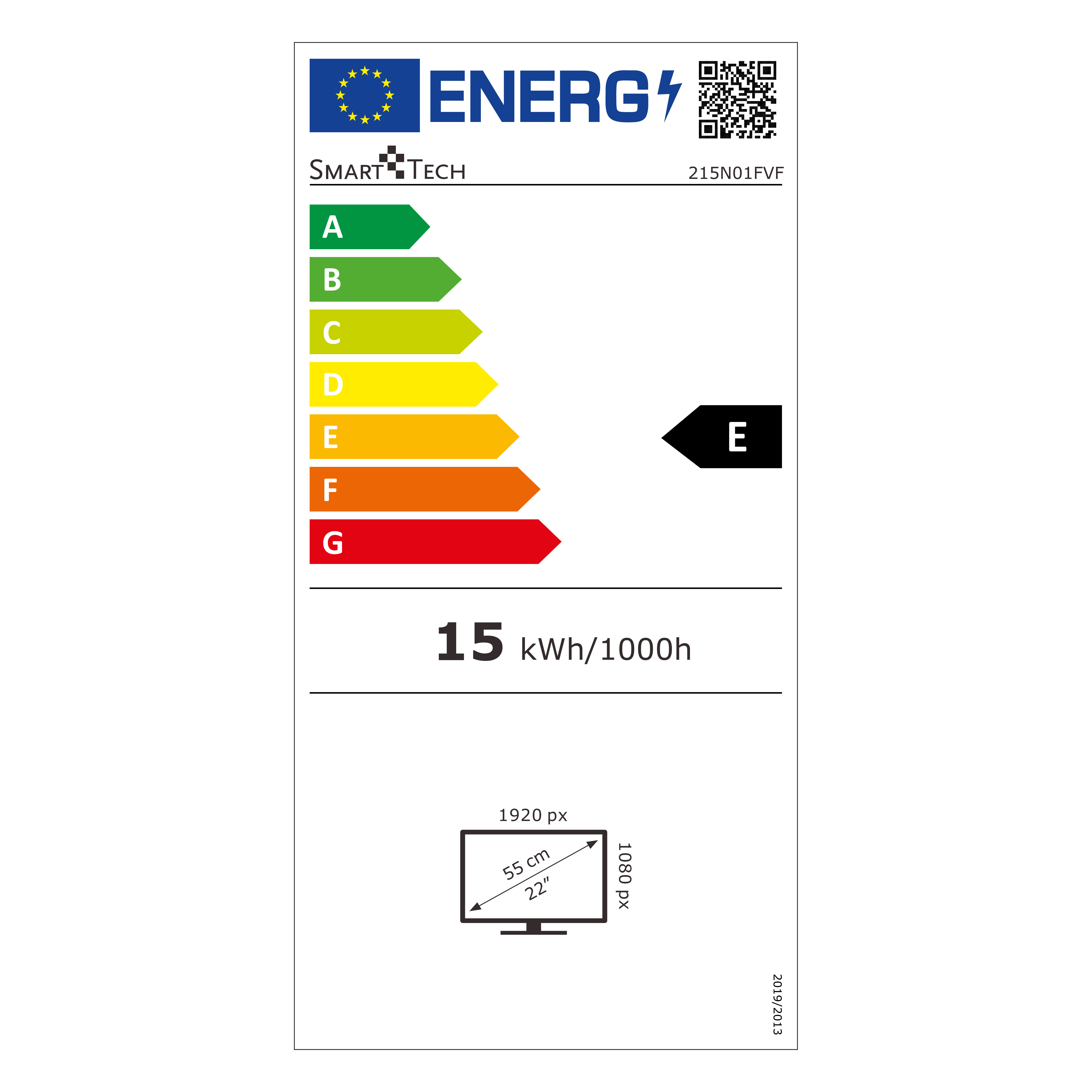 Etichetta di efficienza energetica di un Smart Tech TV, con classe E. Ha 15 kWh/1000h.